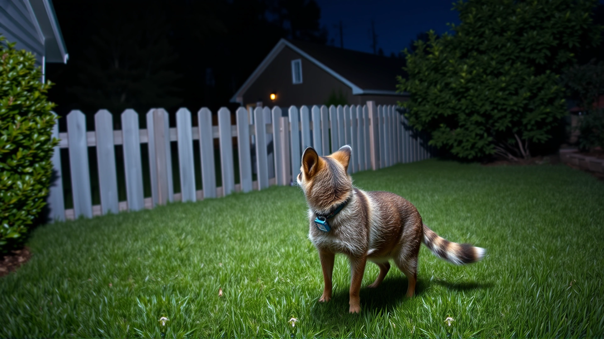 Nighttime shot of a curious raccoon entering a yard while a dog wearing an electronic collar stands alert inside, illustrating that invisible fence cannot stop wildlife.