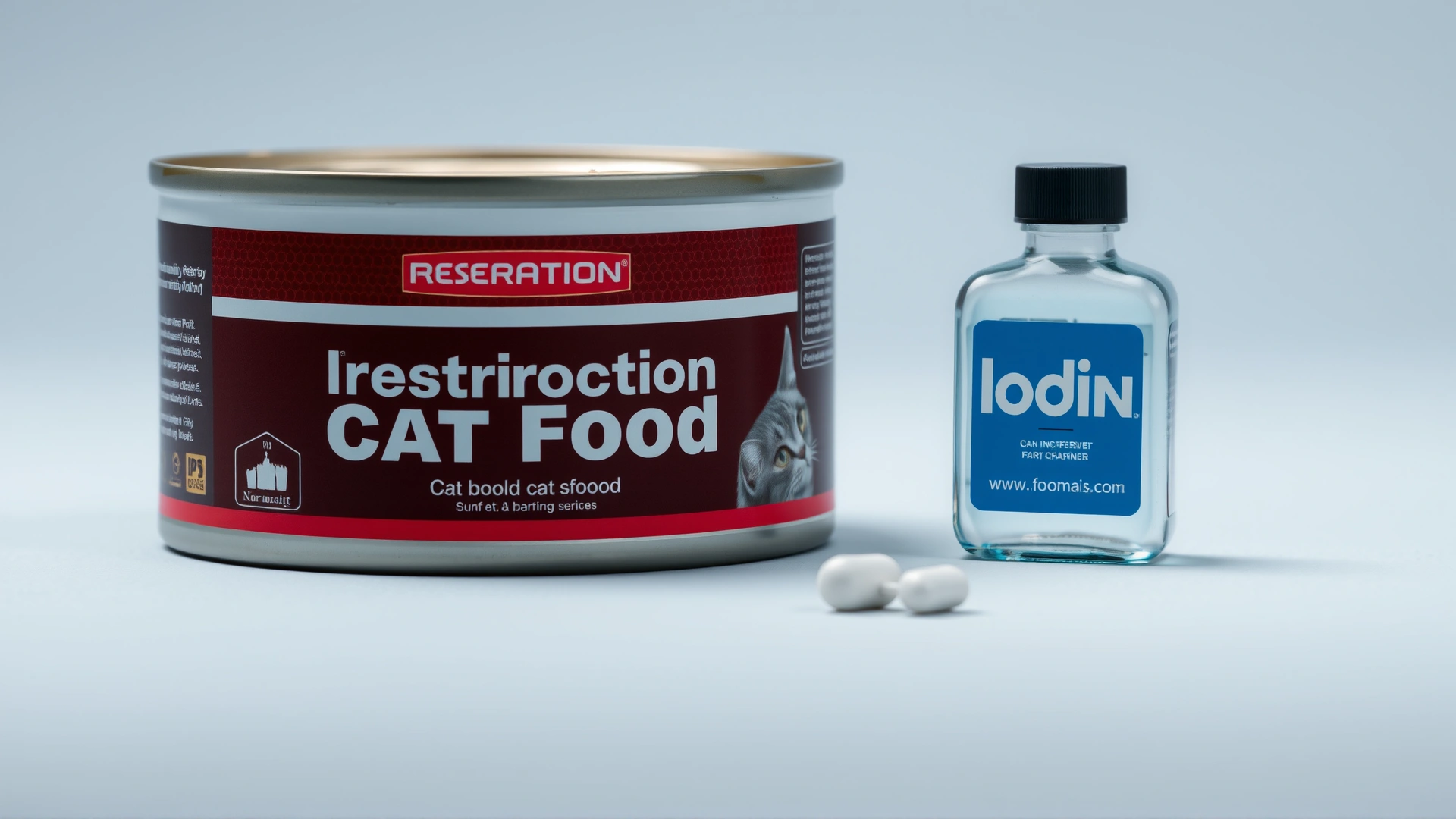 Prescription canned cat food without visible branding placed next to iodine symbol props, neutral background, no text