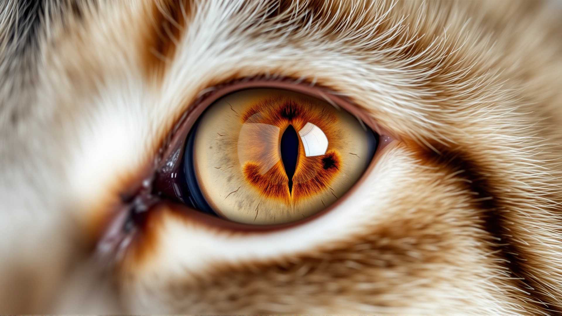 Close-up image of a cat’s eye with visible brown pigmentation on the iris suggesting early melanoma, high clarity
