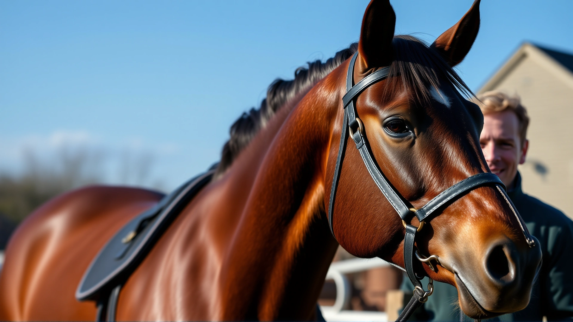 Close-up of a dark bay horse showcasing the Irish clip style with clipped neck and belly, owner smiling beside it