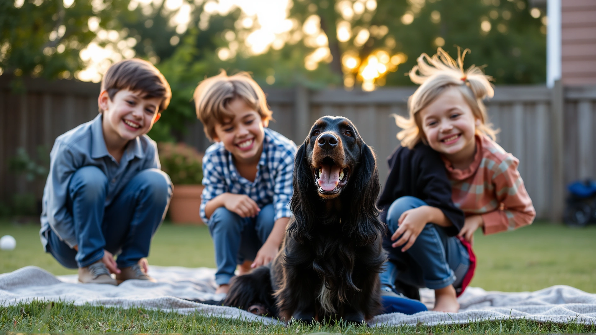 Happy family with two young children laughing and playing with an Irish Setter in a backyard at sunset