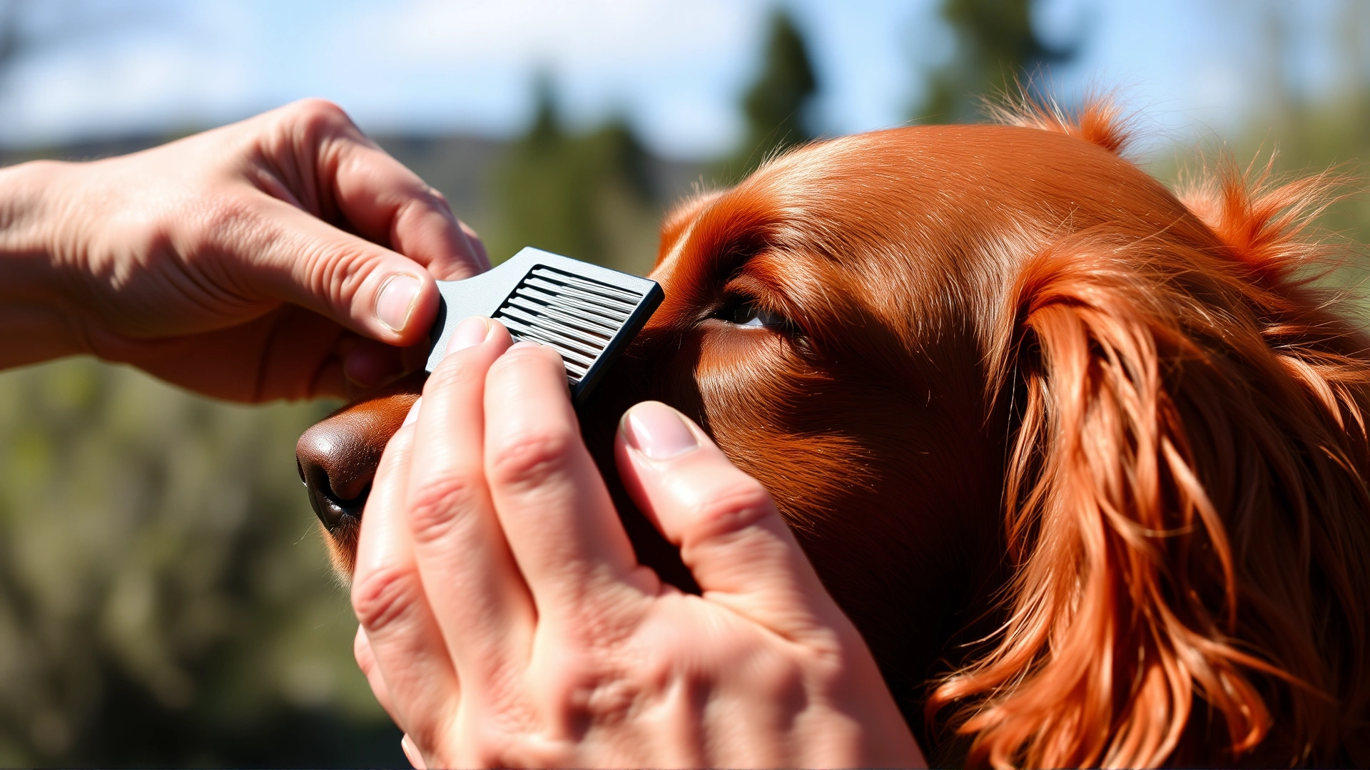 Close-up of hands brushing the silky red fur of an Irish Setter outdoors on a sunny day