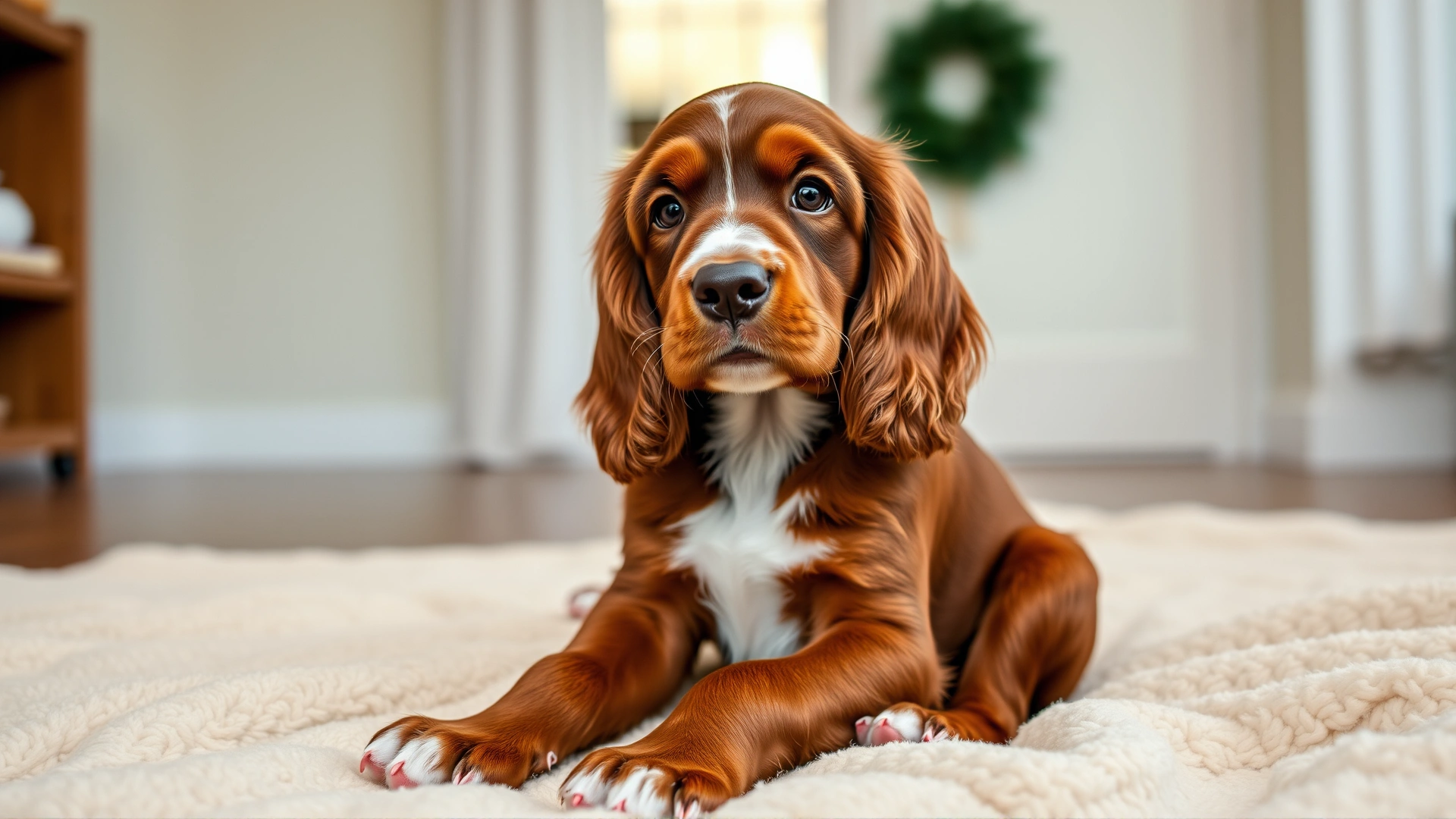 Adorable Irish Setter puppy sitting on a soft blanket indoors, tilting its head with a curious look