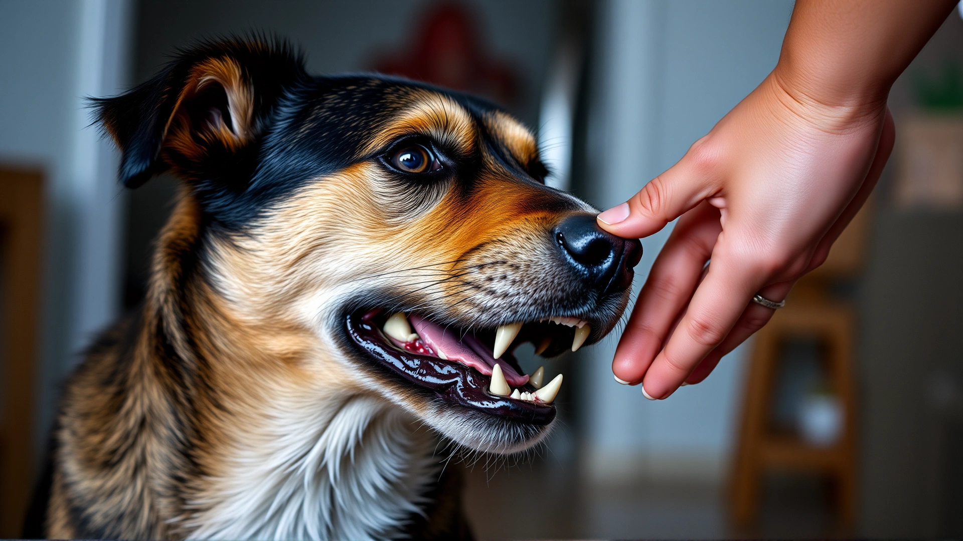 A medium-sized mixed breed dog lightly snarling when a hand approaches its sore shoulder, indoor setting