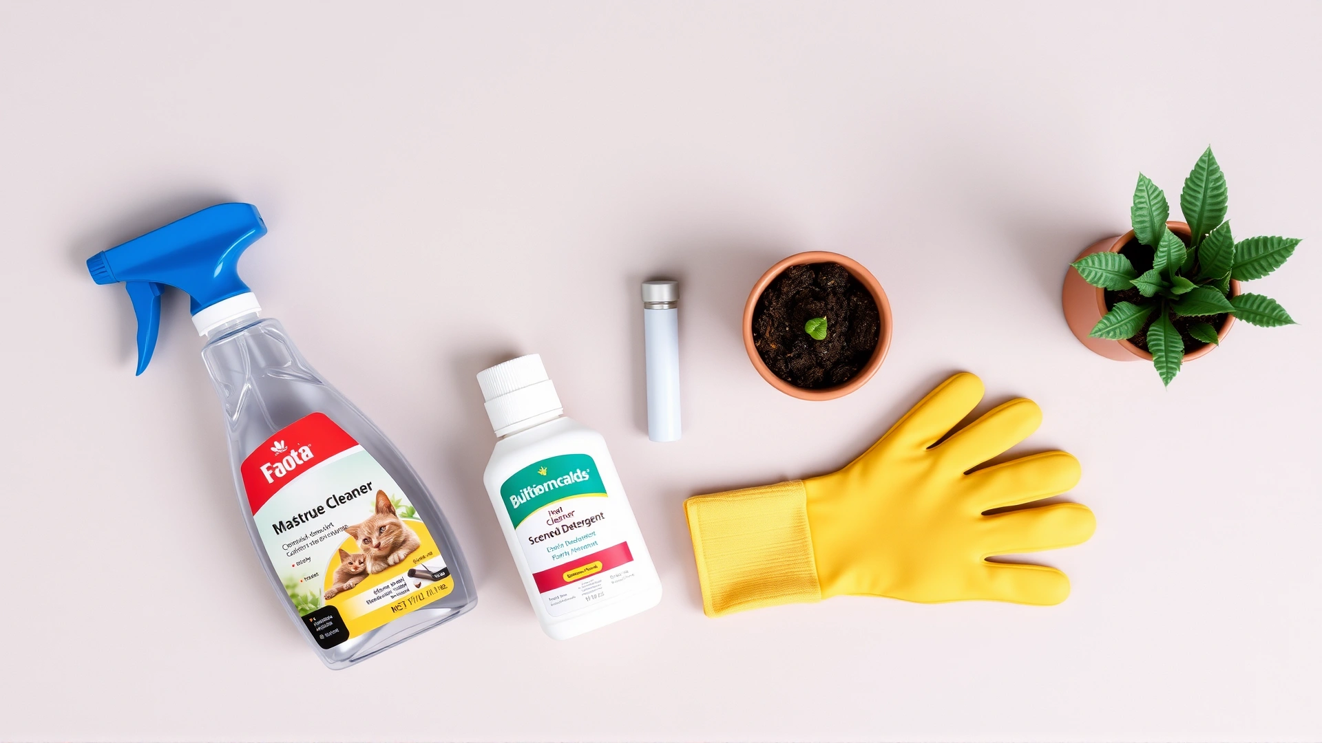 Flat lay of various common household irritants for cats—spray cleaner bottle, scented detergent, rubber gloves, and a small potted houseplant—laid out on a neutral background.