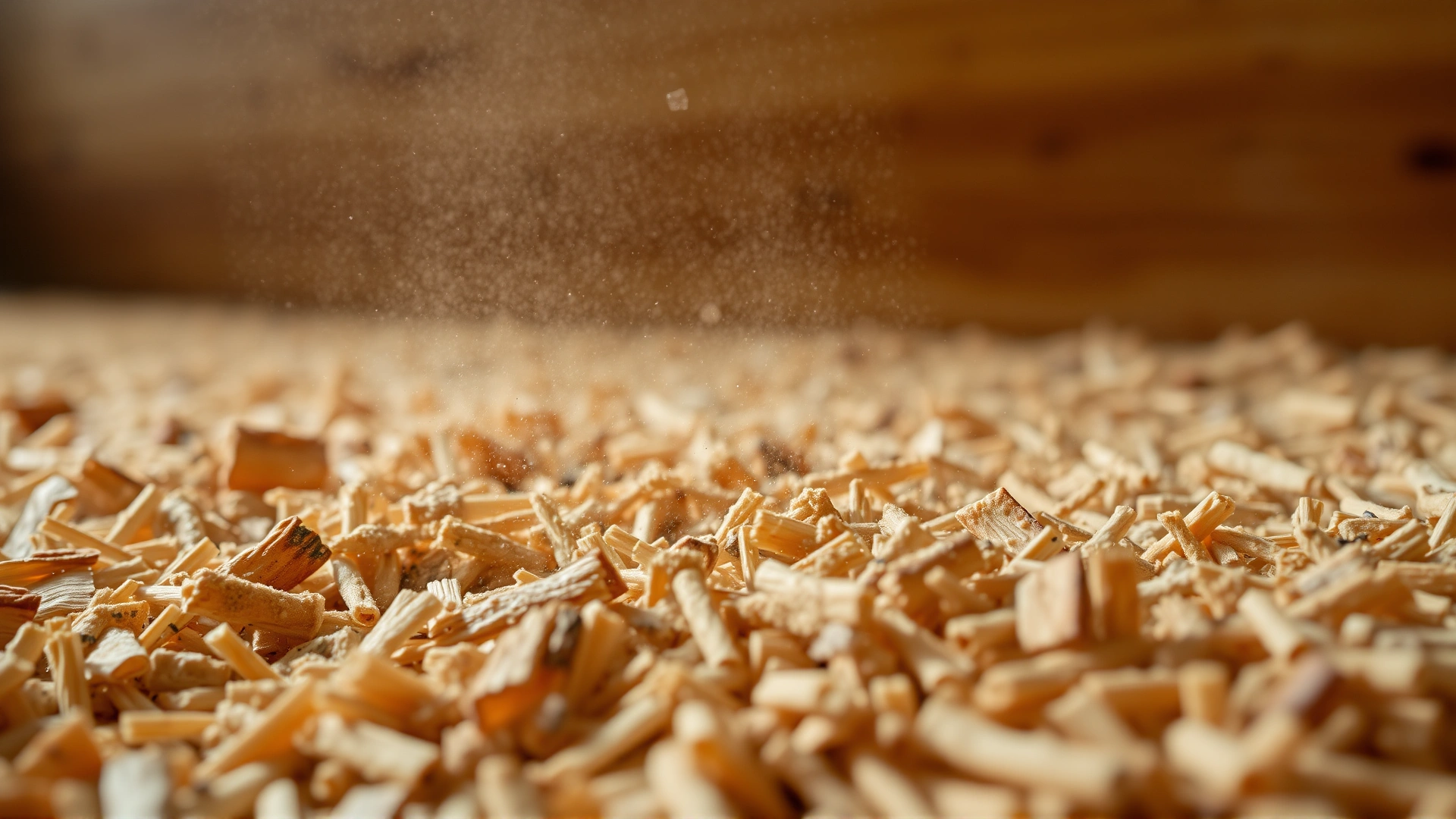 Macro photo of dusty wood shavings bedding releasing fine particles into the air, emphasizing potential irritants