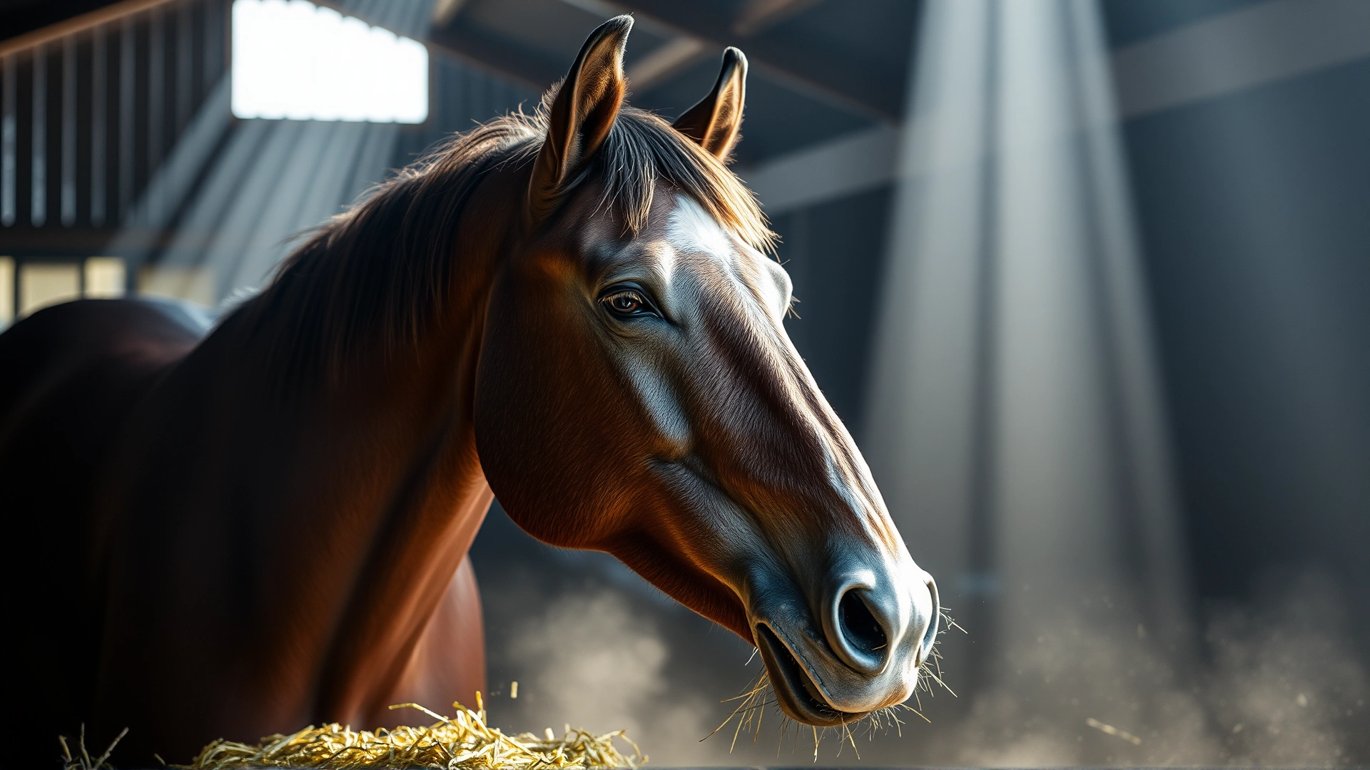 Horse eating hay inside a barn with visible dust particles illuminated by sunlight shafts, illustrating environmental irritants.