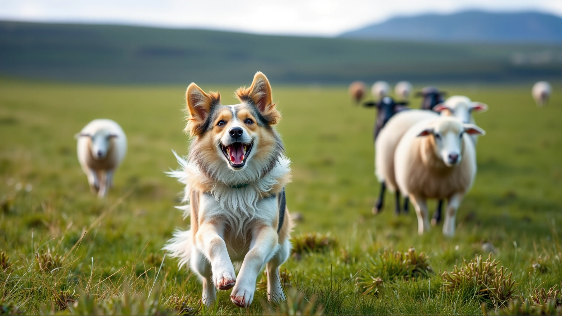An energetic Icelandic Sheepdog actively herding a small flock of sheep in a vivid green Icelandic meadow.