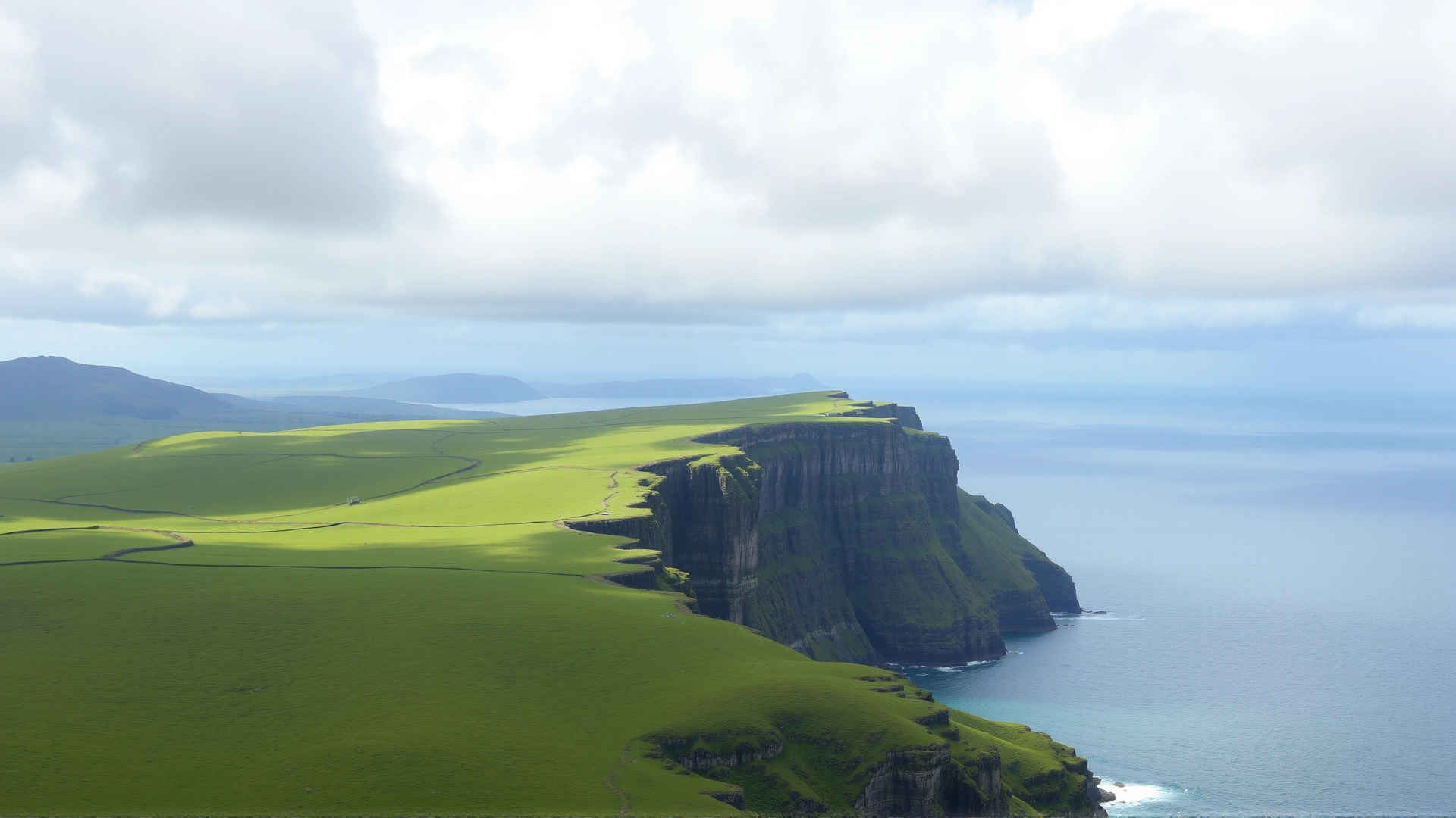 Scenic coastal landscape of the Isle of Man with rolling green hills and rugged cliffs under cloudy sky.