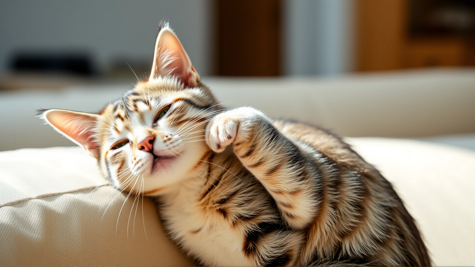 Playful domestic short-haired cat scratching its neck while sitting on a light-colored couch, high-resolution, natural daylight.
