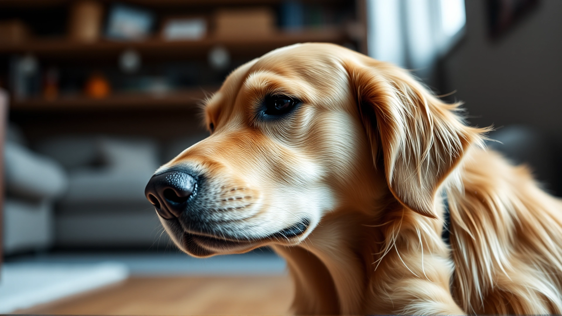 Portrait of a golden retriever scratching its neck, shallow depth of field, indoor lighting