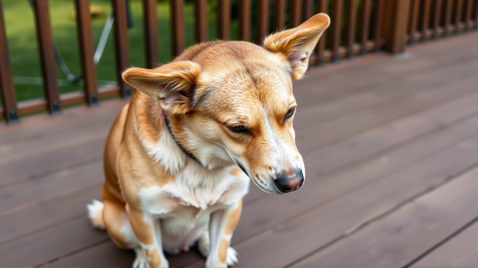 Medium-sized mixed-breed dog sitting on a wooden deck scratching behind its ear, highlighting typical itching behavior.