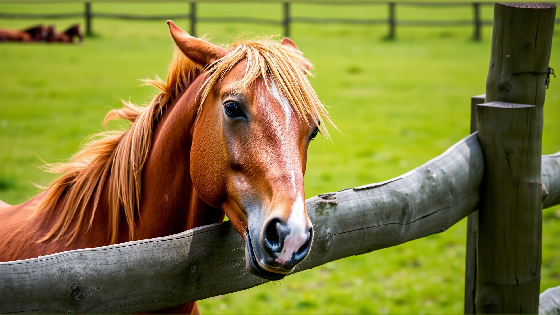 Arabian horse vigorously rubbing its neck and mane against a wooden fence in a green paddock, conveying itchiness.