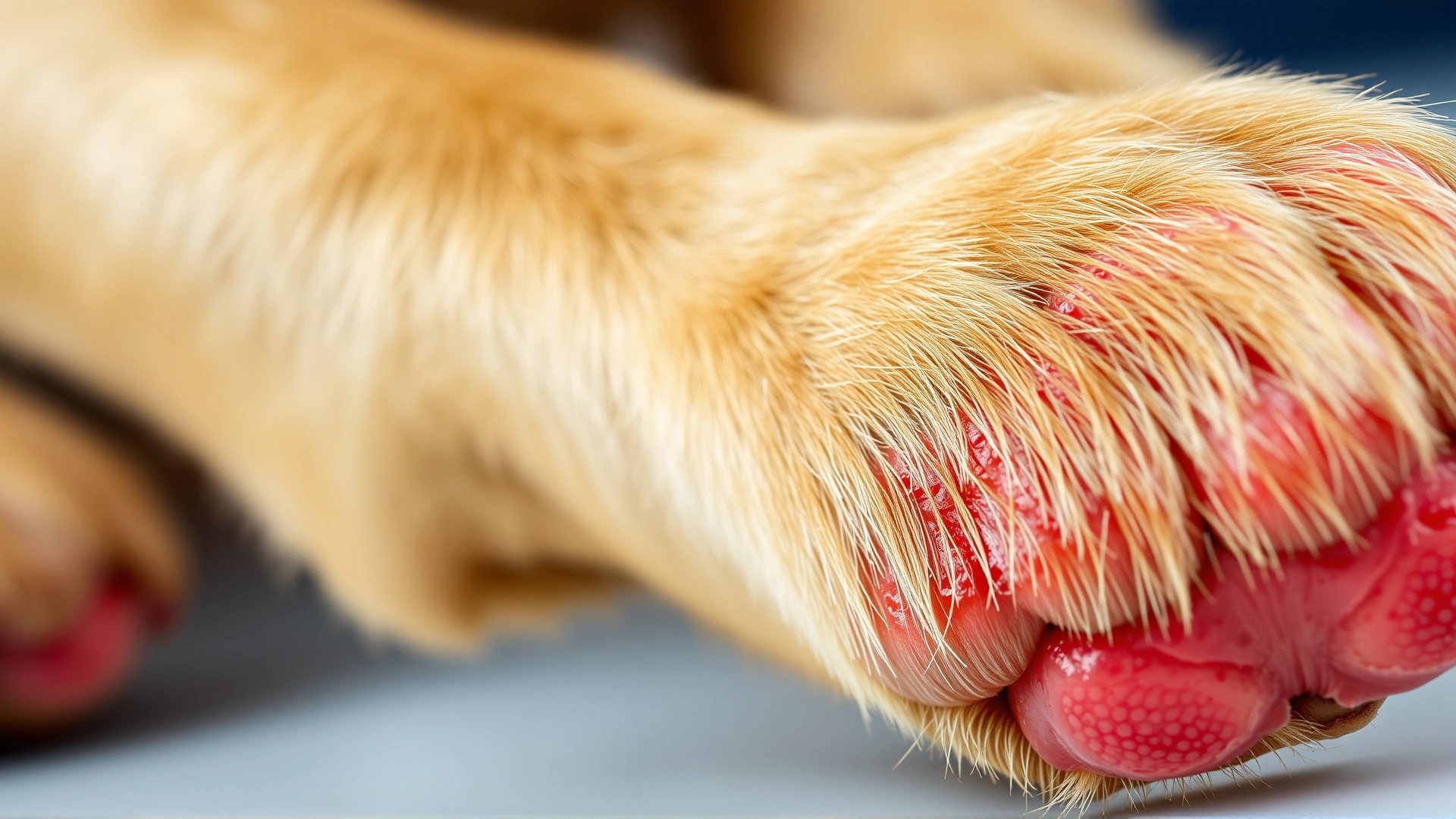 Macro shot of a dog’s red, irritated paw highlighting allergic dermatitis, crisp detail, clinical photography style