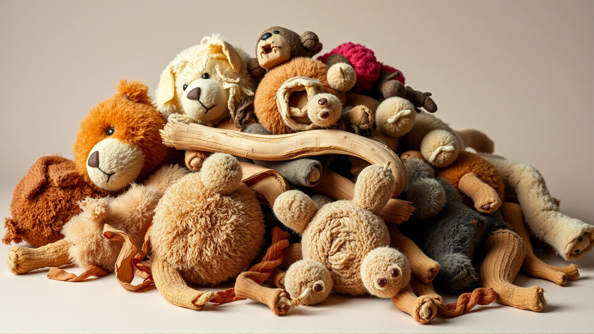 Pile of worn stuffed animals and frayed rawhide chews with stuffing exposed on neutral backdrop, looking shabby and unsafe.