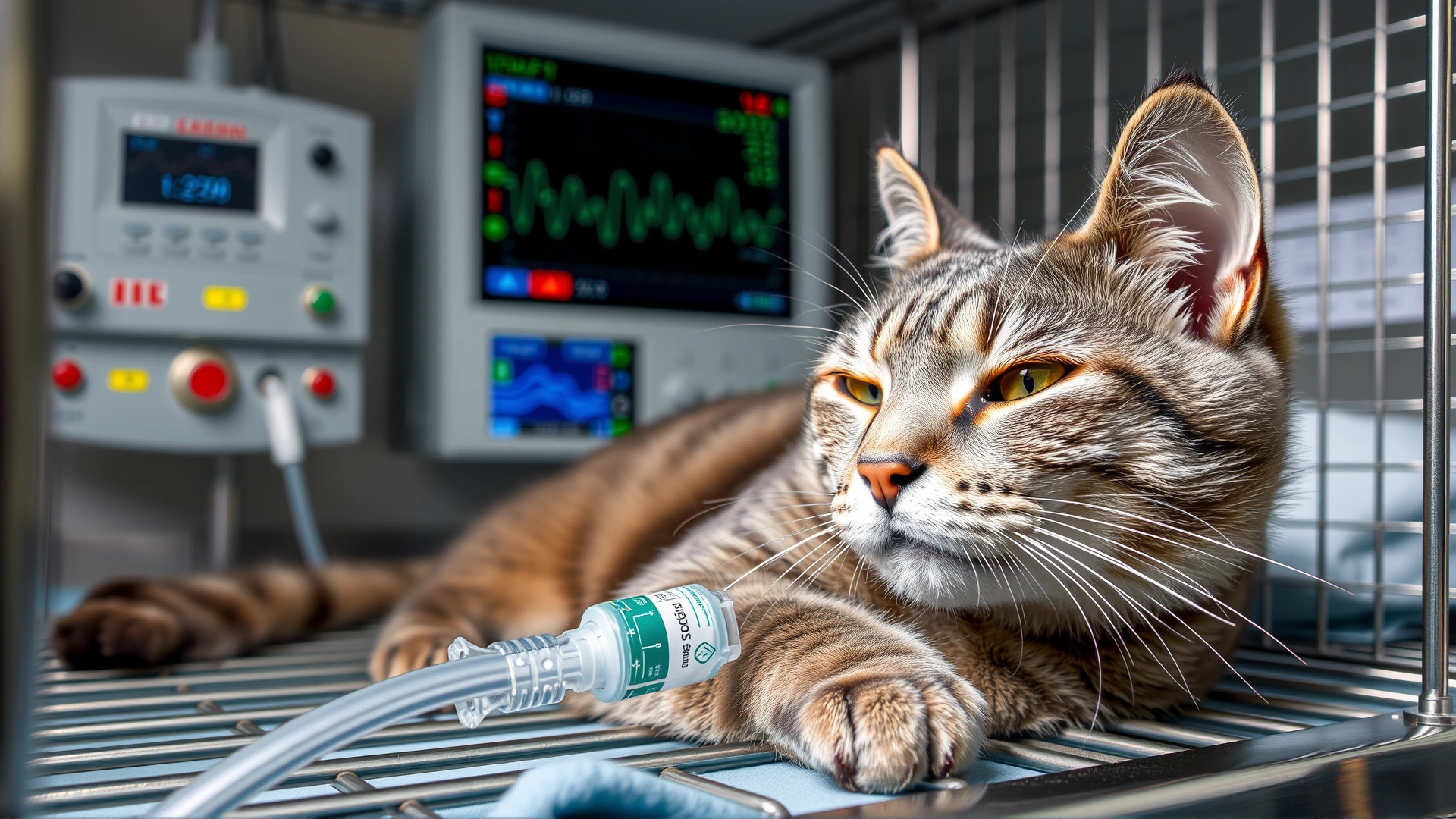Grey cat resting in a stainless-steel veterinary ICU cage with an IV fluid line connected, medical monitors in background