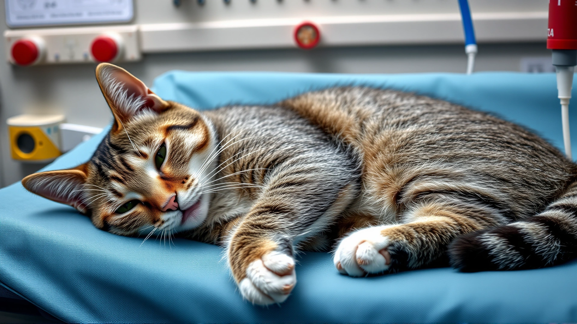 Domestic short-haired cat lying calmly while receiving intravenous fluids through a catheter in a veterinary ICU setting