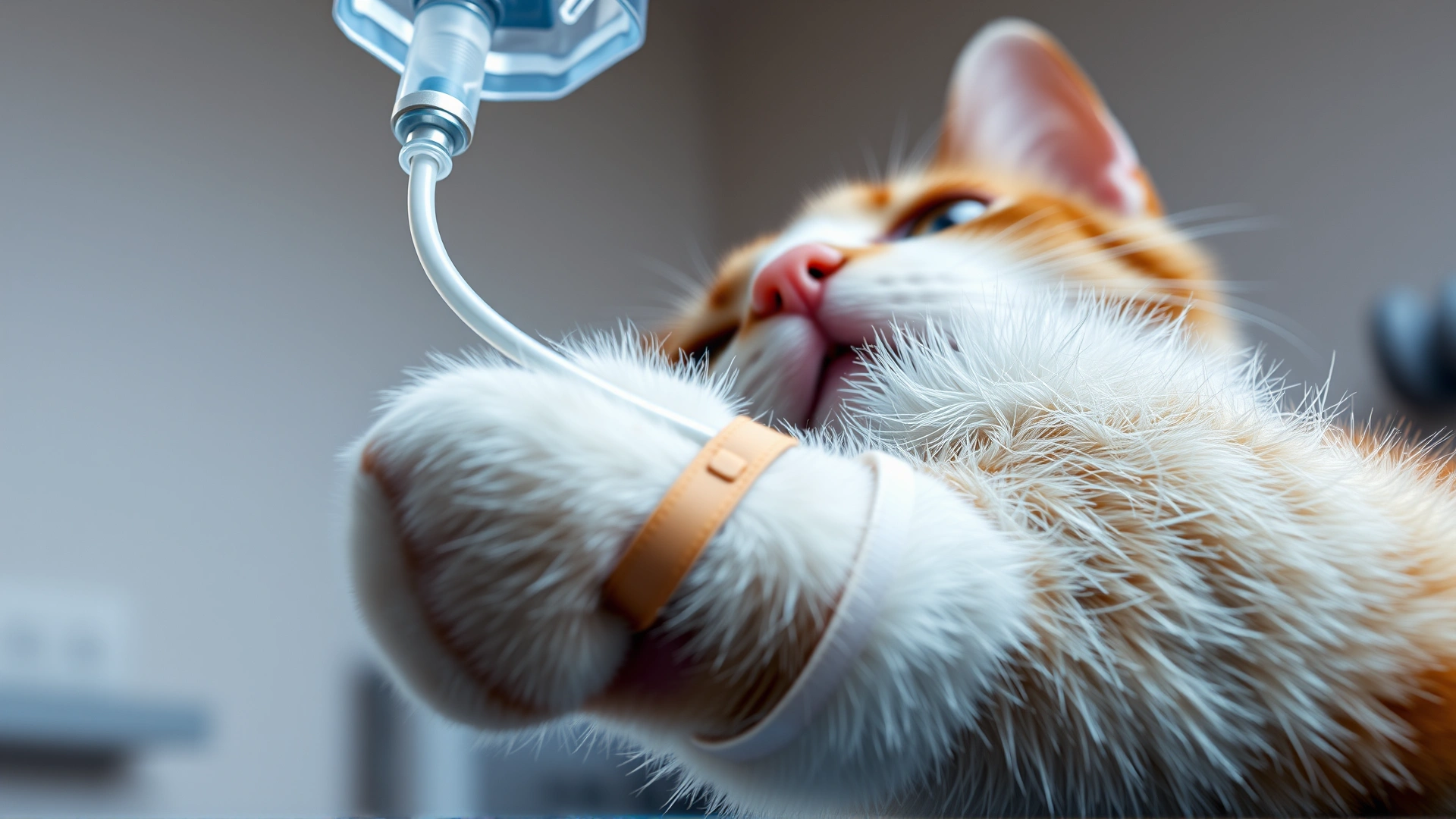 Close-up of a cat’s paw with an intravenous catheter secured by bandage, IV fluid bag hanging above, veterinary clinic setting