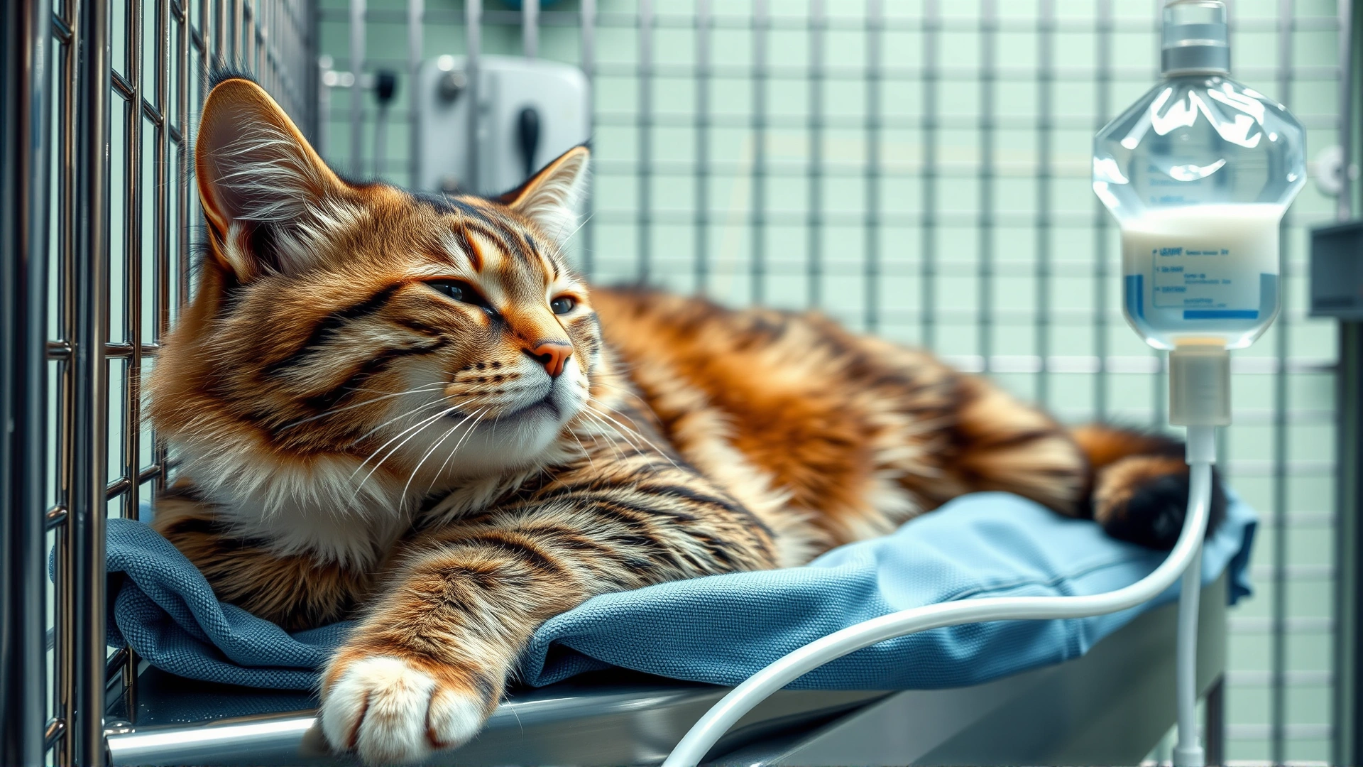 Photo of a cat resting in a veterinary hospital cage while receiving IV fluid therapy; infusion line and fluid bag visible.