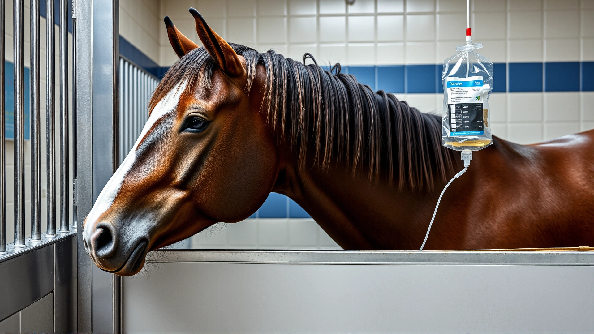 Horse in treatment stall receiving intravenous fluids via drip bag hanging nearby, clinical setting, no text.