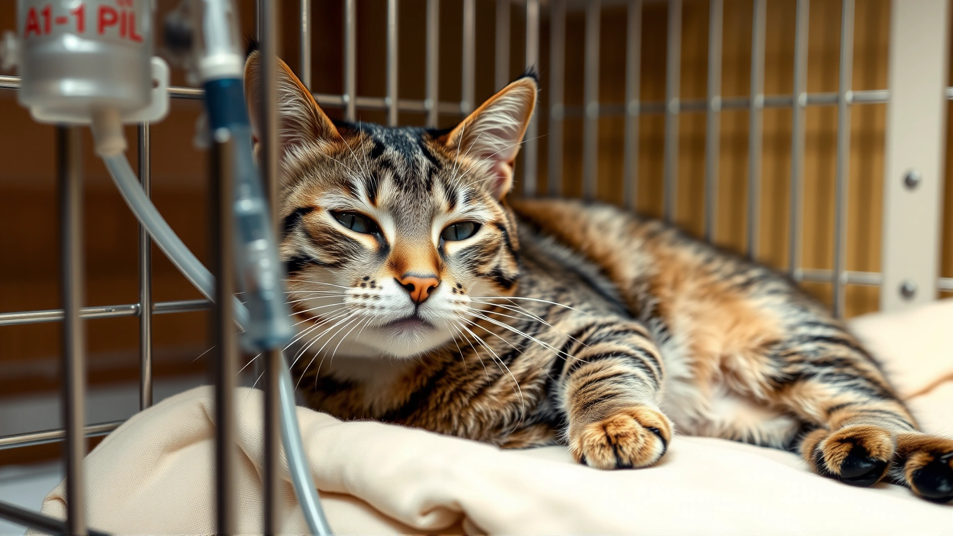 Hospitalized cat resting in a cage with an intravenous fluid line attached, soft blanket under the cat.