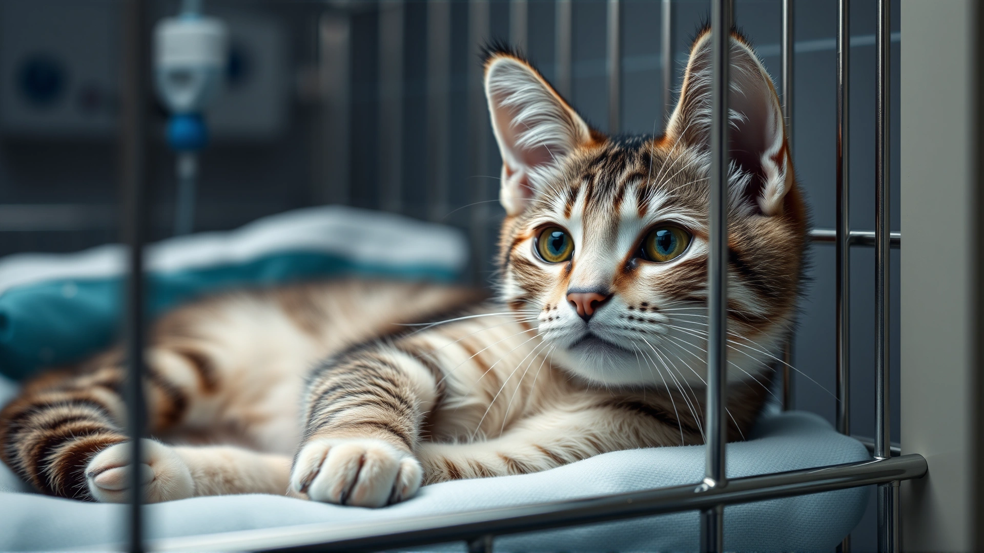 Hospitalized cat resting in a veterinary cage with an IV fluid line attached, soft lighting conveying medical care.