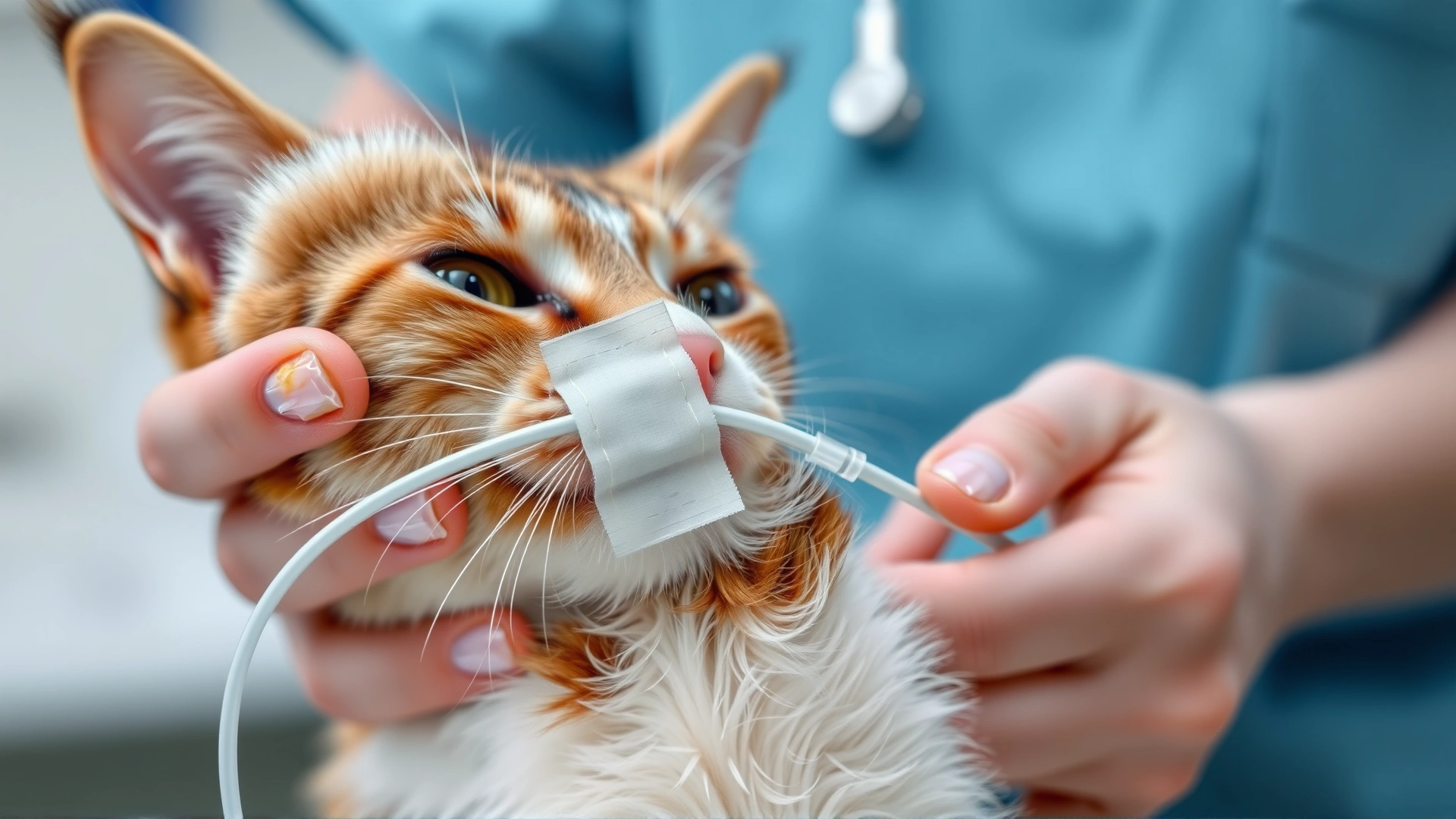 Close-up of a cat paw with an IV line taped in place, veterinary nurse's hands adjusting the line, clinical background.