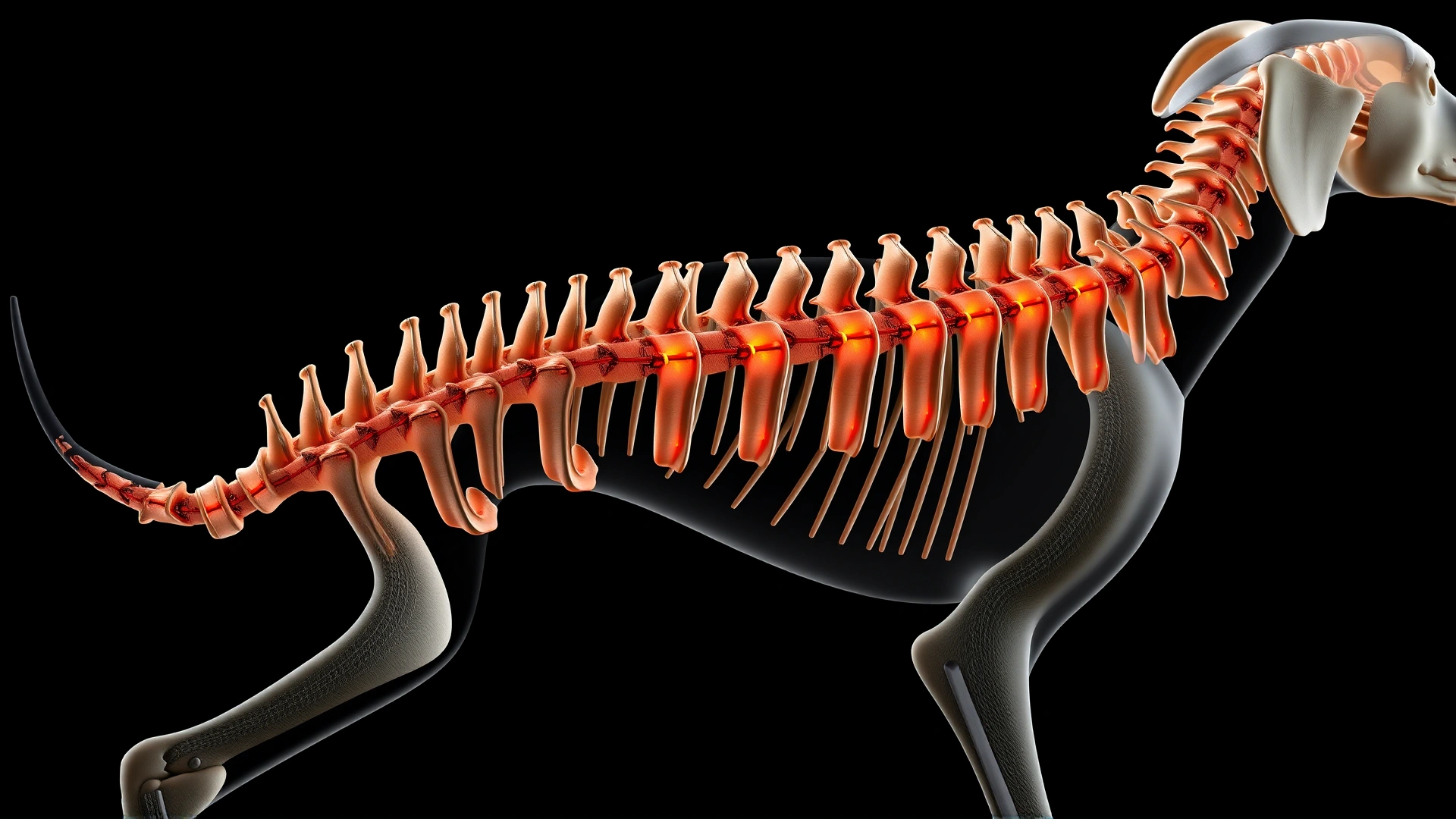 Realistic 3D render of a canine spine highlighting intervertebral discs, no text or labels
