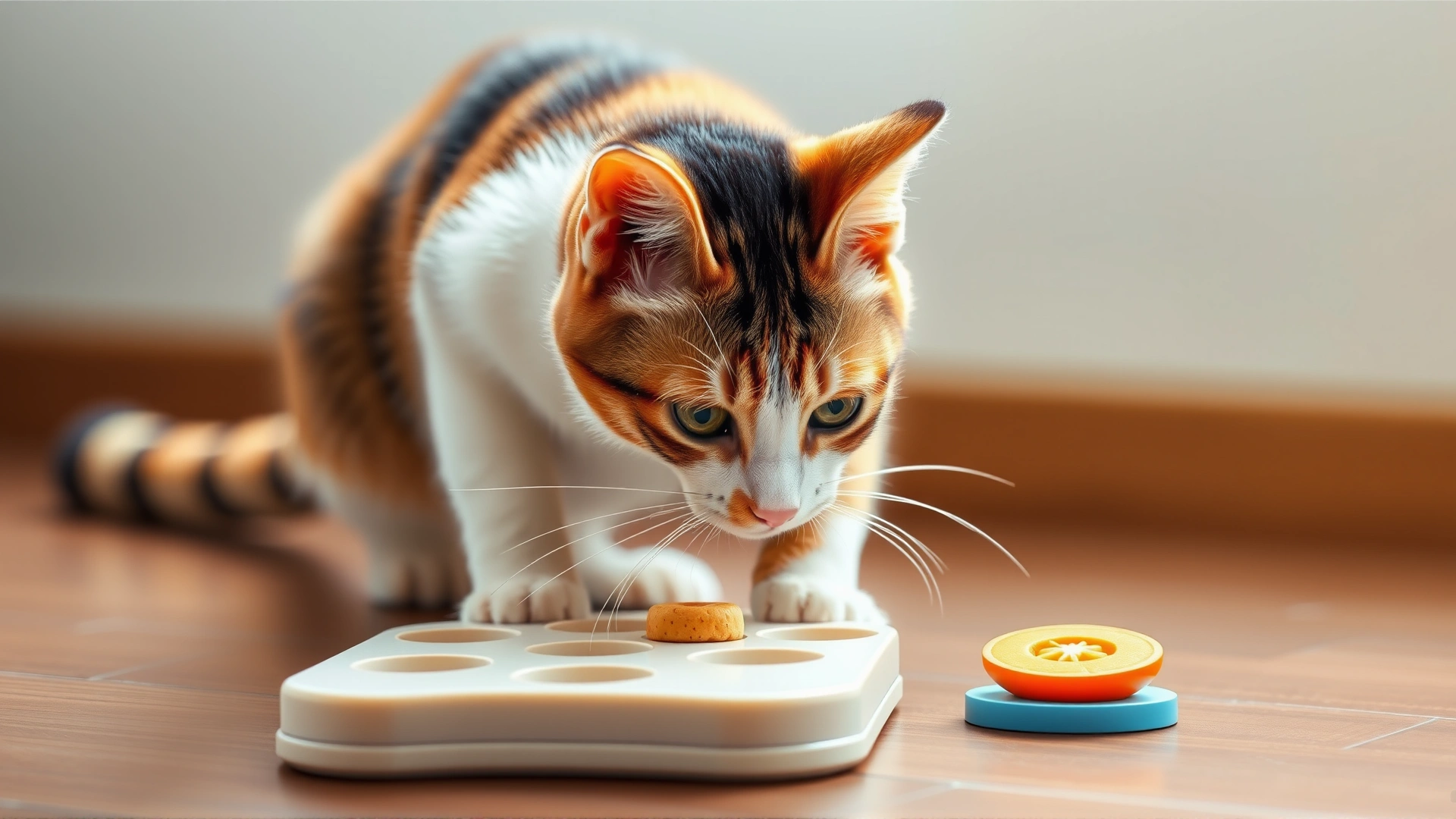 A Japanese Bobtail cat interacting with a food puzzle toy, demonstrating intelligence and focus