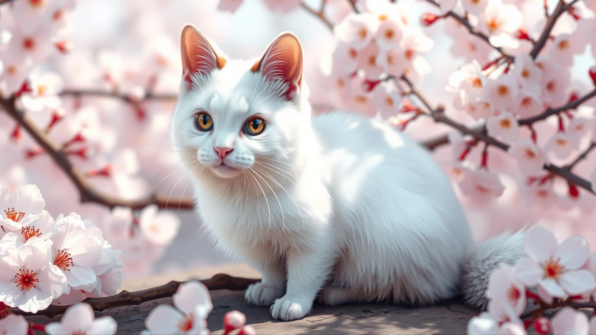 White Japanese Bobtail with short pom-pom tail sitting among cherry blossoms, no text