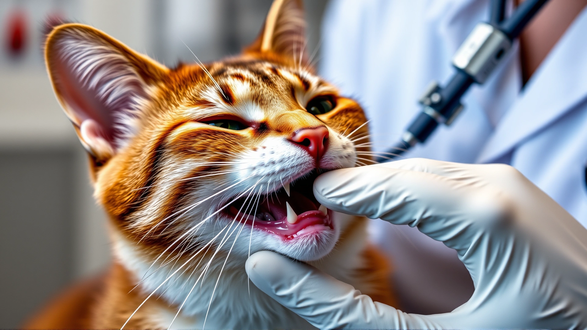 Veterinarian gently lifting a cat’s lip to inspect the gums for yellow discoloration, clinical background, no text