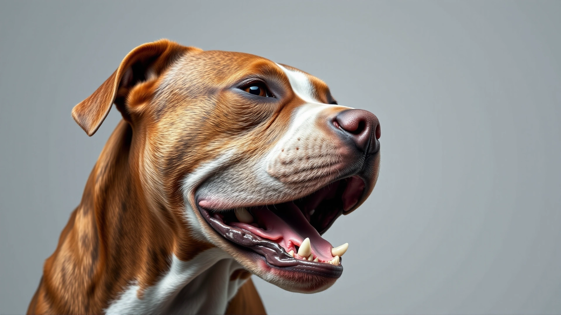 Close-up side profile of a yawning Pit Bull showing regular teeth and jaw structure, against a neutral background.