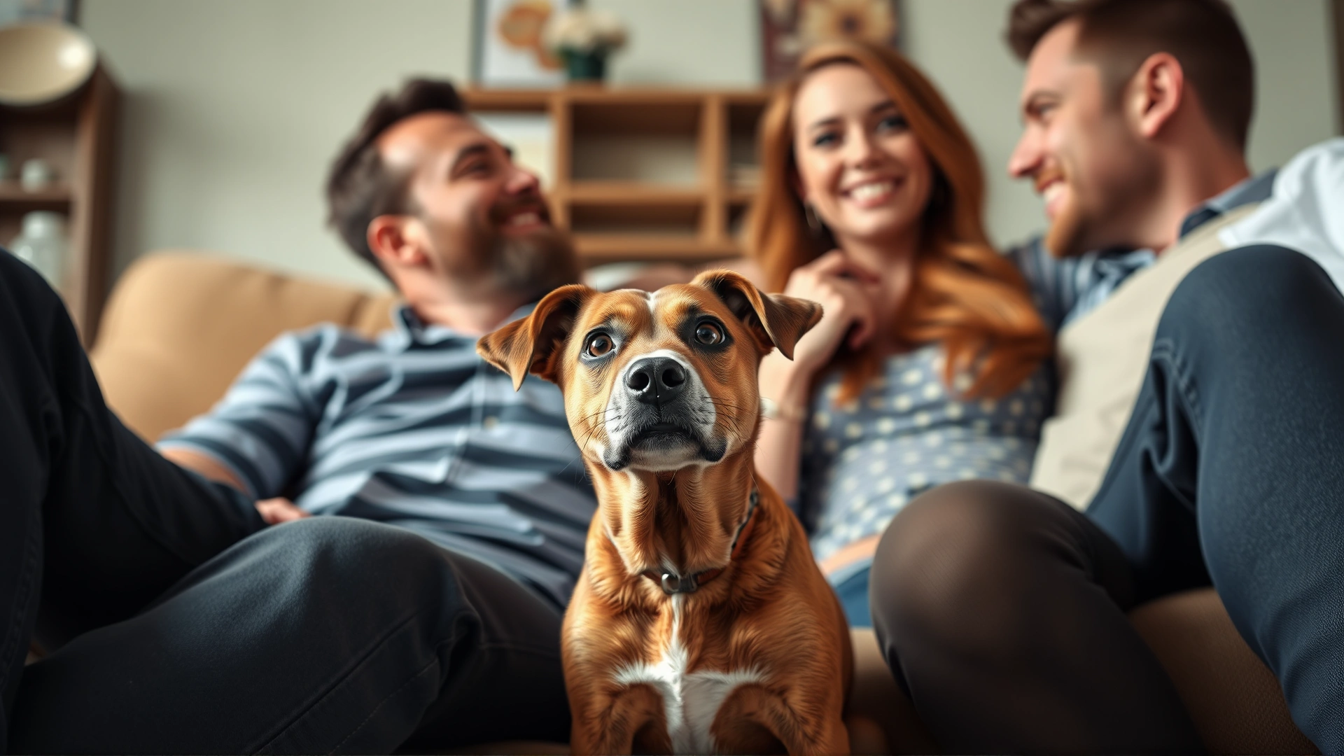 Humorous scene of a dog sitting possessively between a couple on a sofa, the dog looking up with big eyes while the couple exchange amused glances