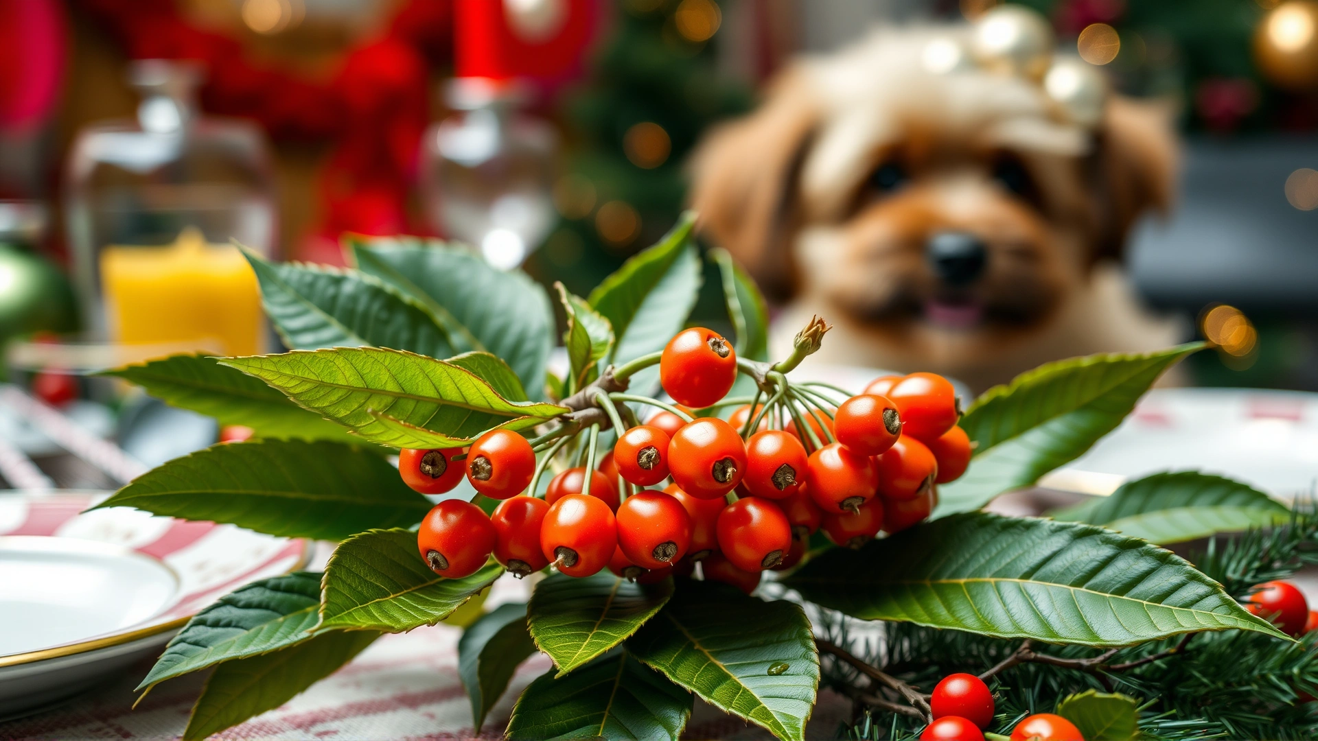 Close-up of Jerusalem cherry plant with orange-red berries on a festive table setting, small dog in background.