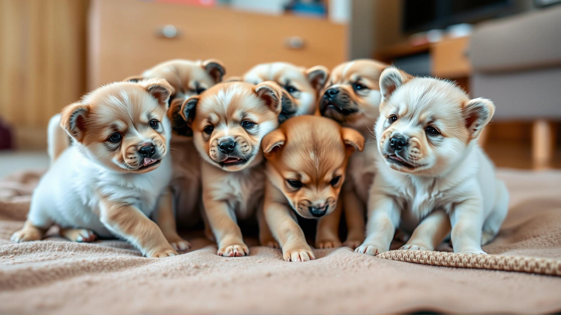 A litter of Korean Jindo puppies playing together on a soft blanket indoors, showing their curious and alert nature.