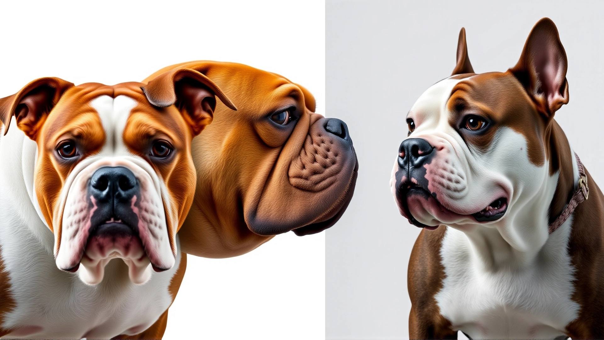 Side-by-side comparison: heavier Johnson-type American Bulldog versus leaner Scott-type American Bulldog, both standing in profile.