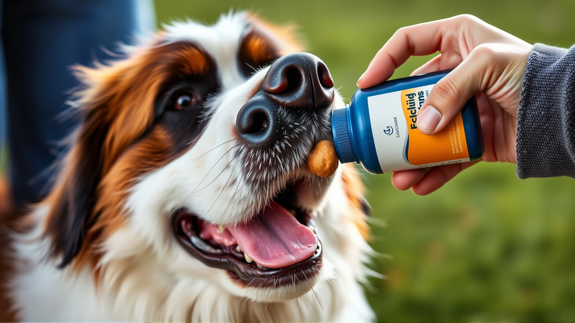 Close-up of a St. Bernard receiving a glucosamine supplement treat from its owner.