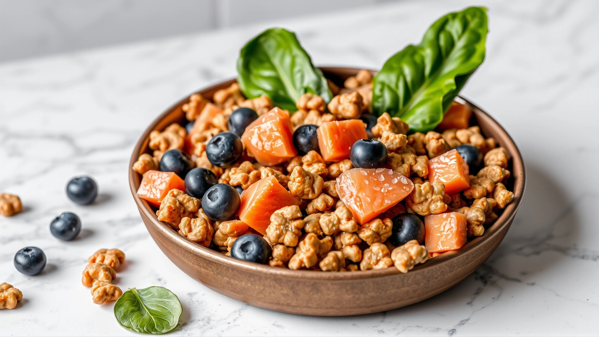 A bowl filled with high-quality kibble mixed with salmon chunks, blueberries, and spinach leaves on a marble countertop.