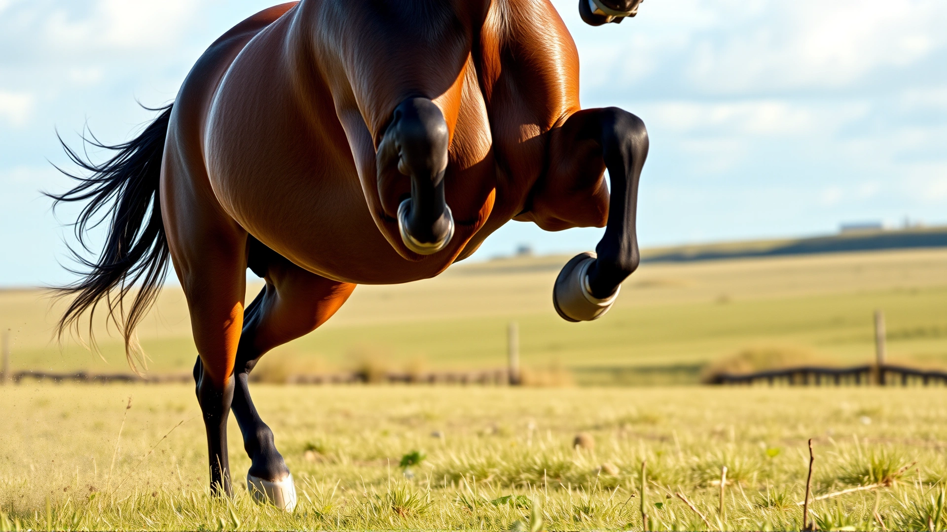 Dynamic image of an athletic horse galloping across an open field, highlighting strong joints and freedom of movement