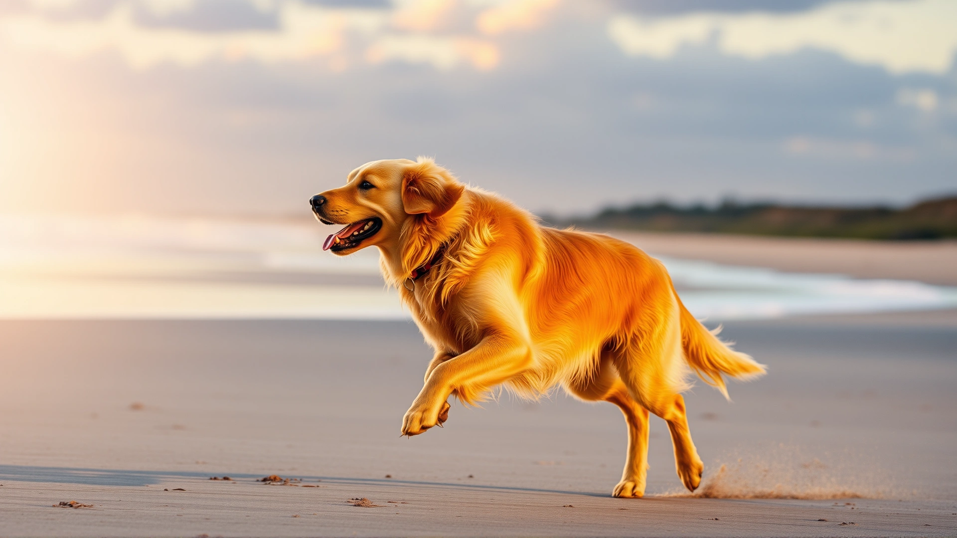 Golden retriever running happily on beach at sunset, showing mobility and healthy joints