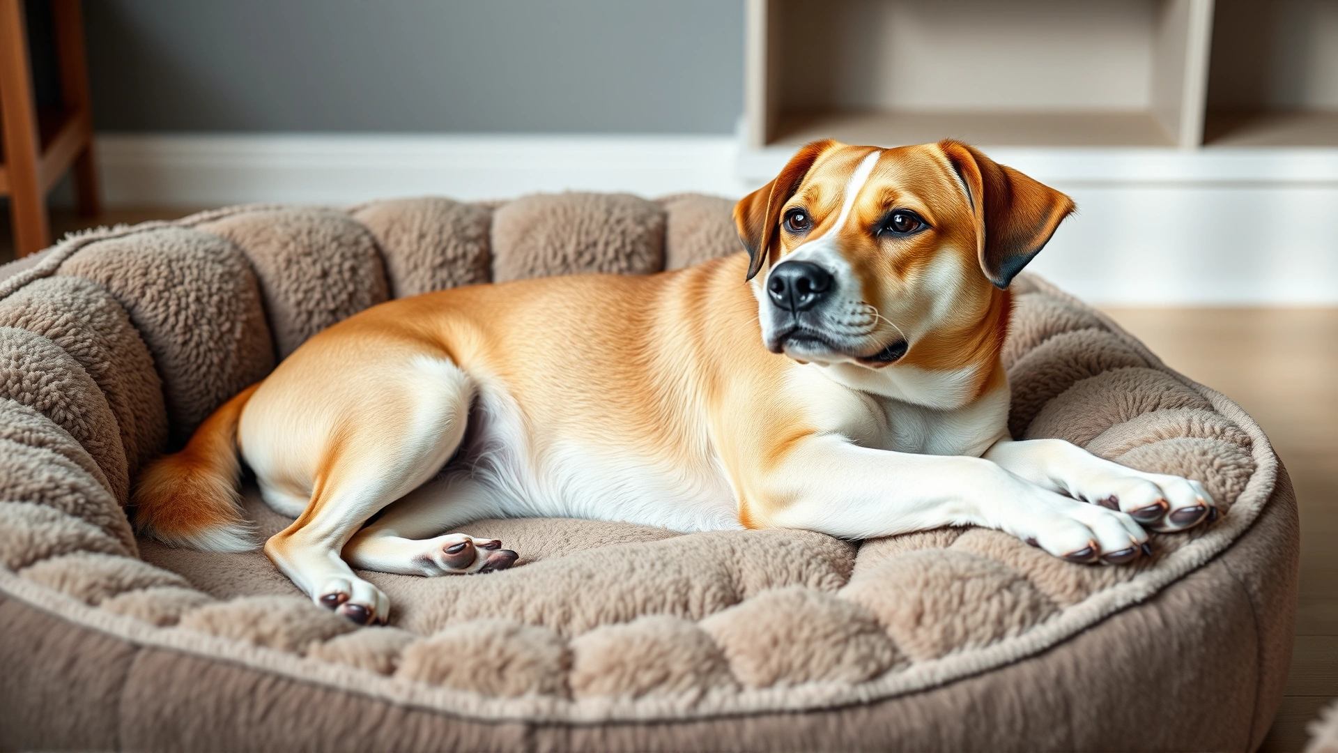 Medium-sized dog stretching comfortably on a plush dog bed, conveying relief in joints after weight loss