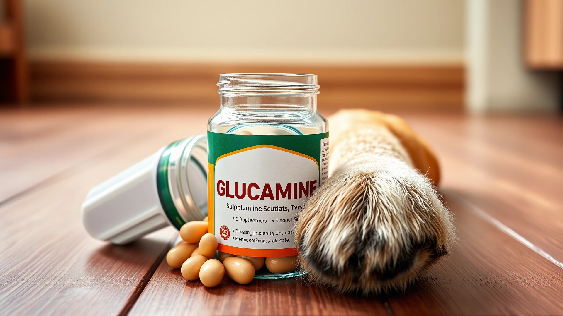Open jar of glucosamine supplements with a dog's paw resting beside it on a wooden floor.