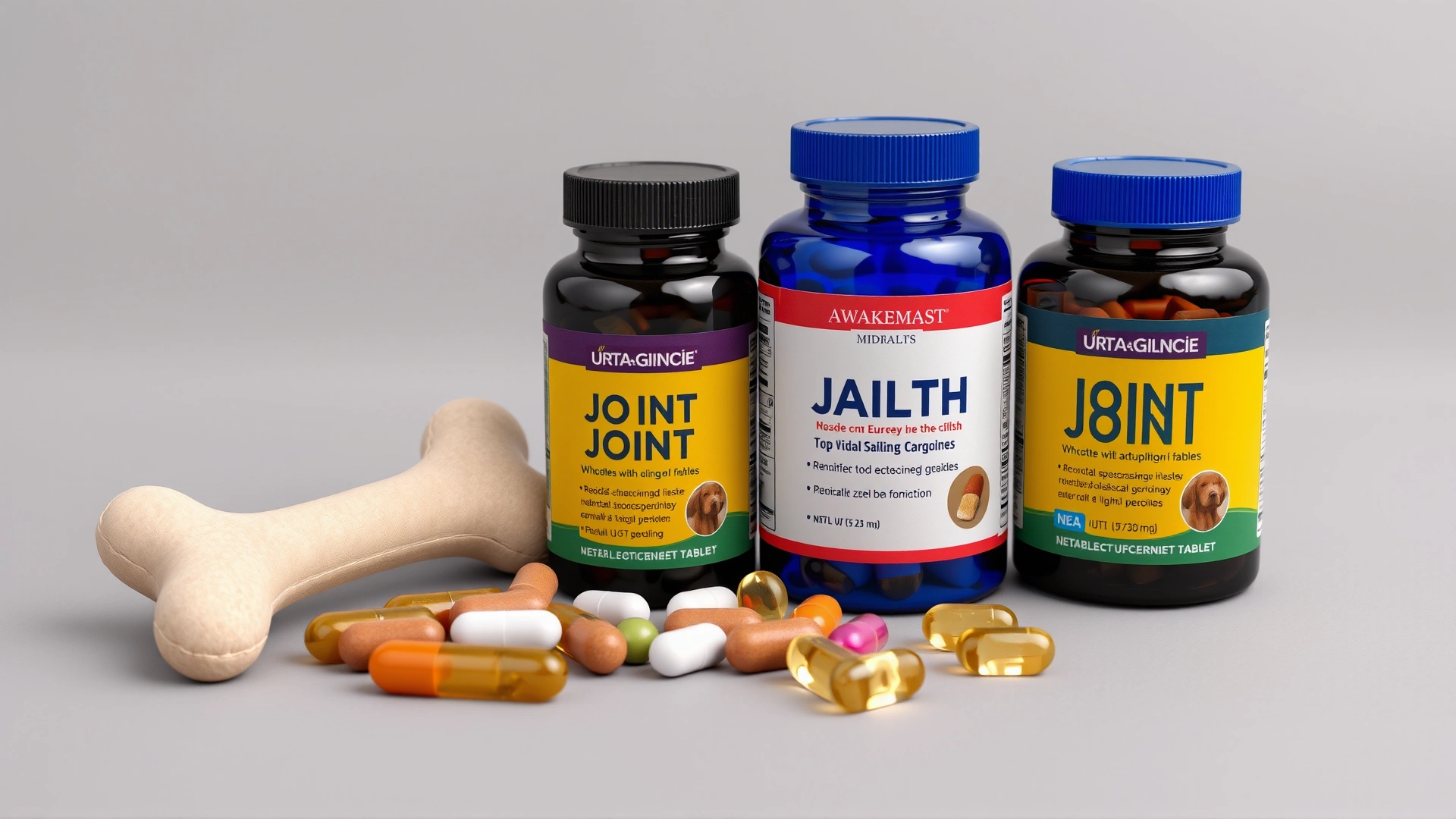 Studio shot of joint health chewable tablets and capsules arranged beside a small dog bone toy on a neutral background.