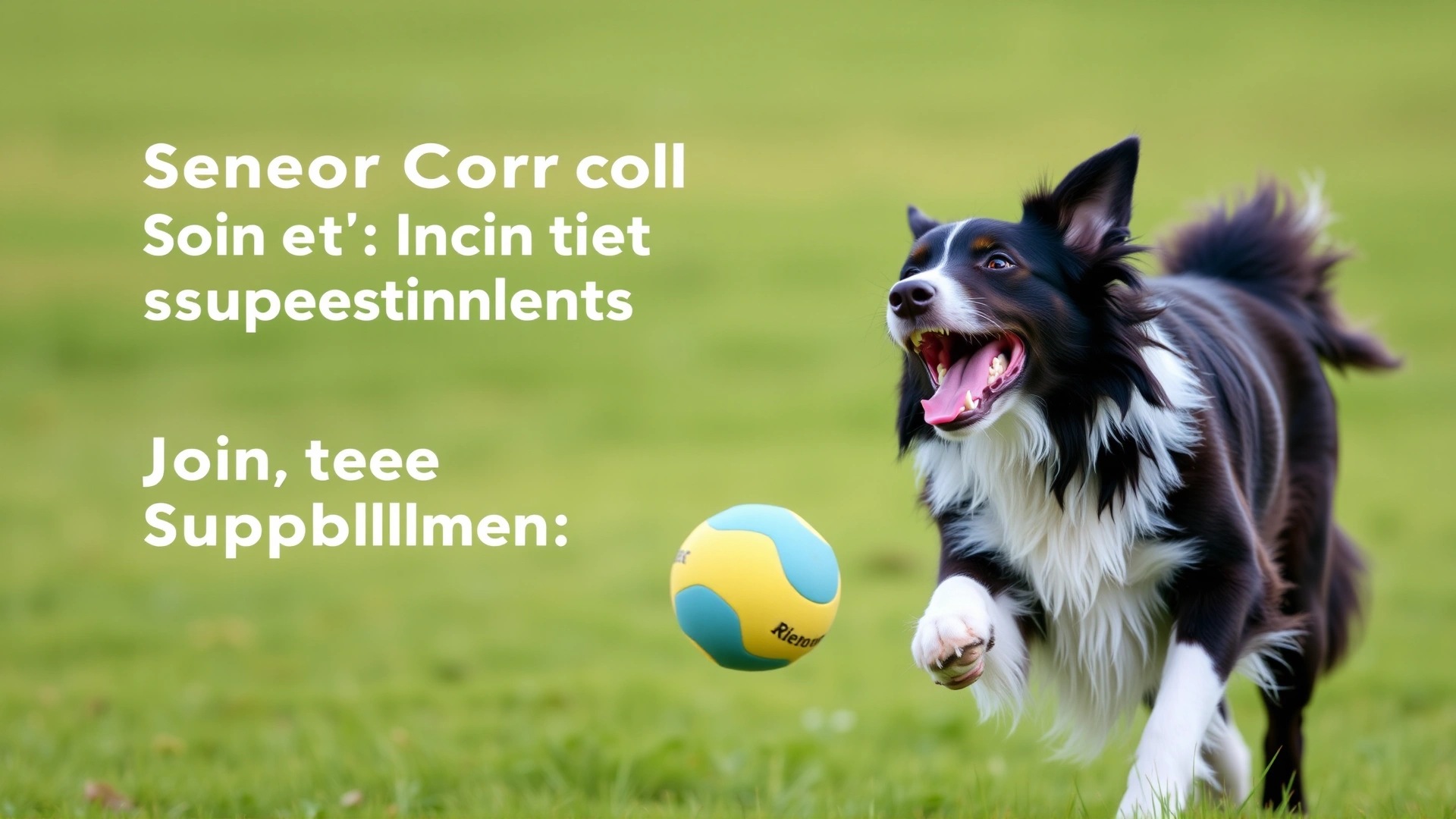 Senior Border Collie joyfully fetching a soft ball, conveying improved mobility due to joint supplements.
