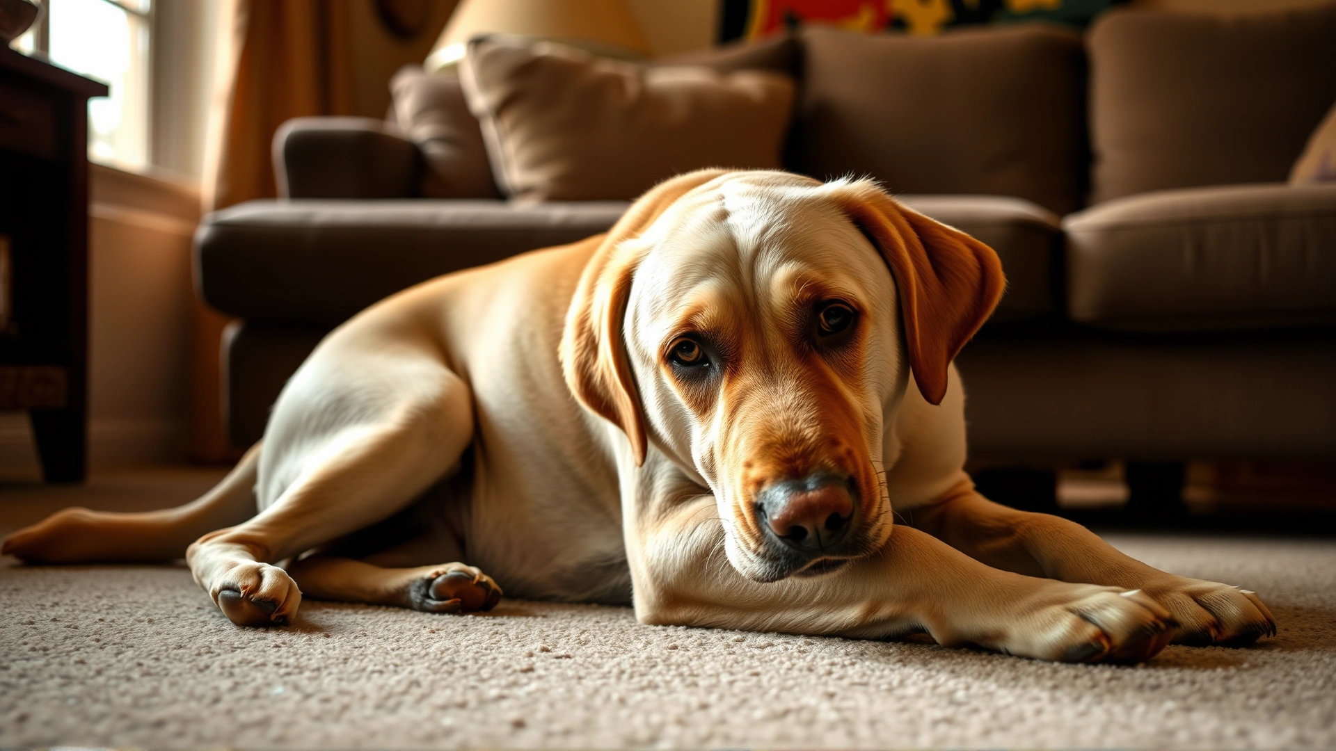 Senior Labrador stretching on a living room carpet with visible hip area, warm lighting