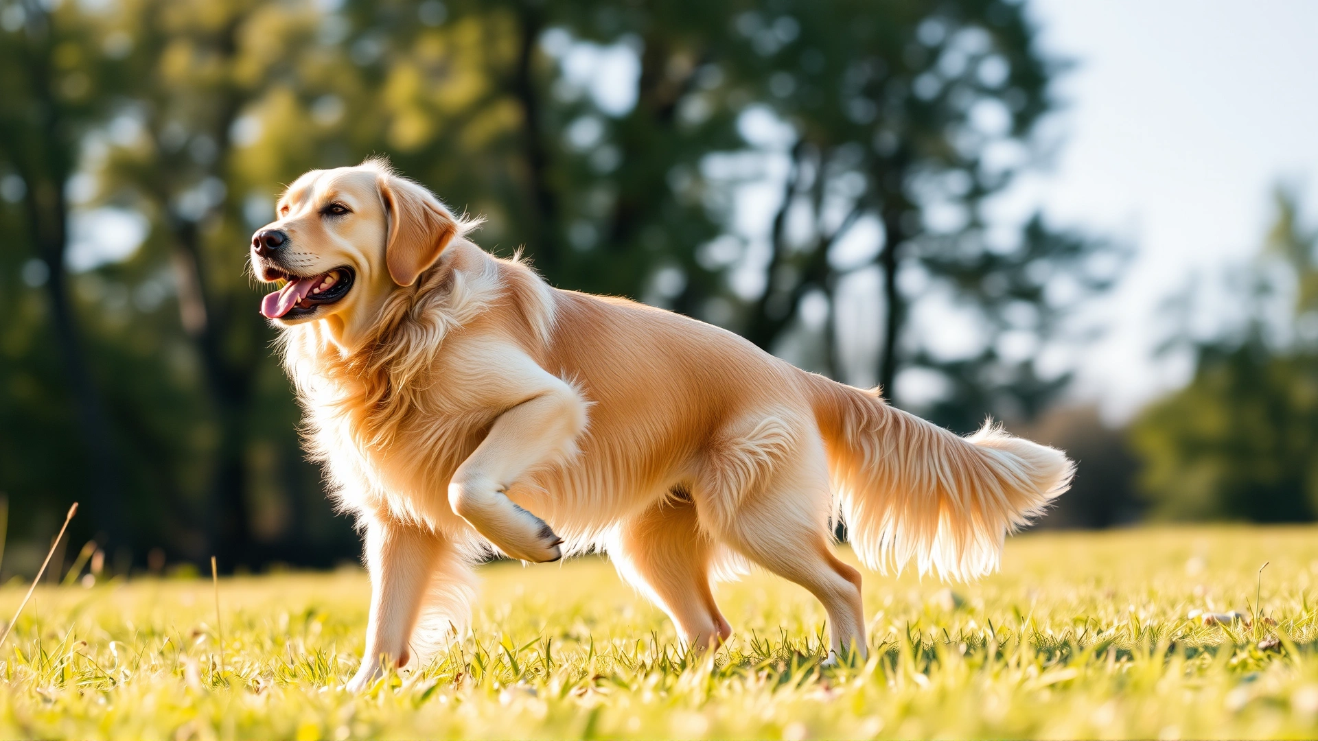 Senior golden retriever stretching its legs on a grassy field with sunshine, representing joint mobility and health