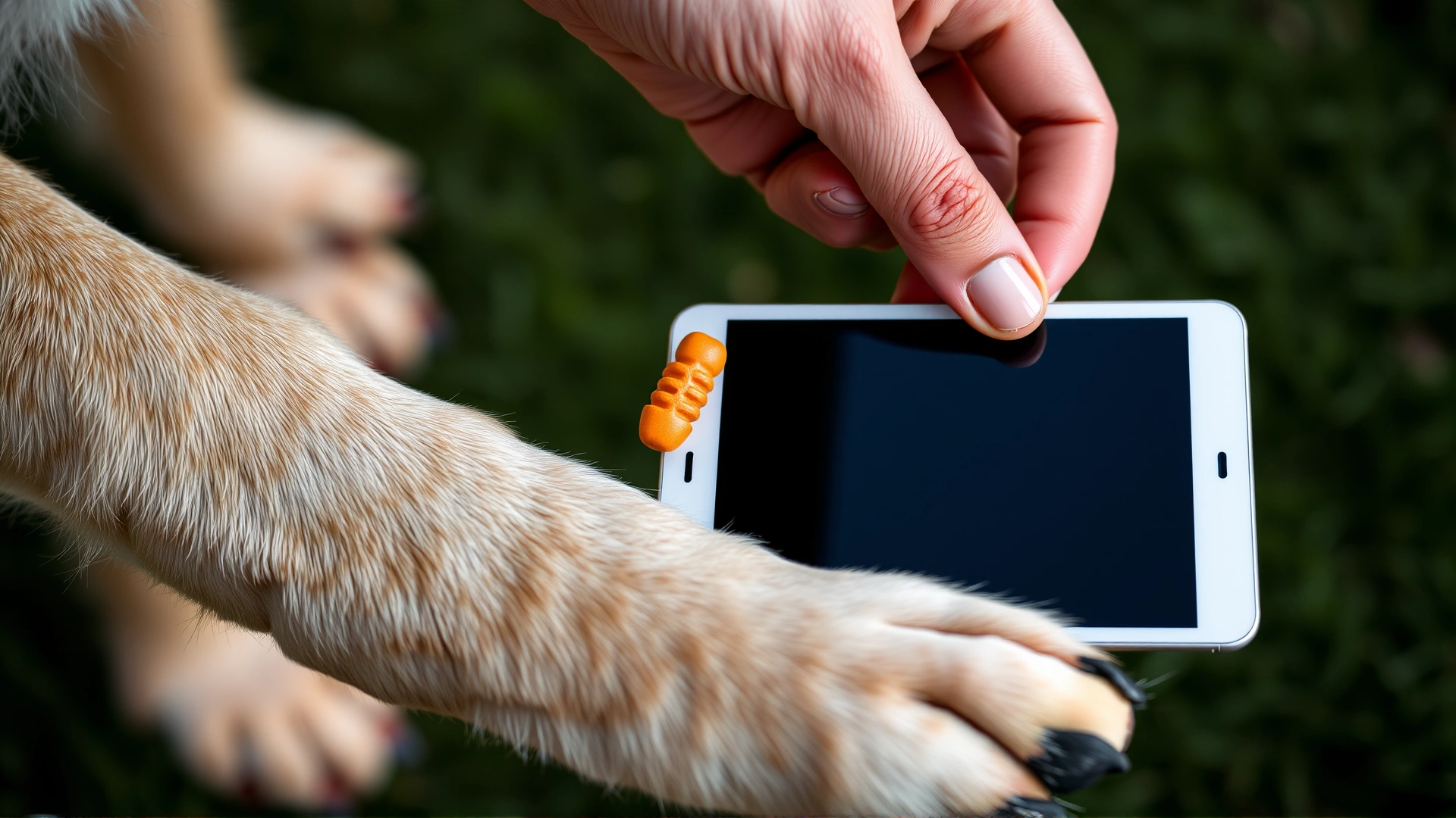 Close-up of a human hand giving a chewable joint supplement to a large breed dog, focus on the tablet and dog’s paw