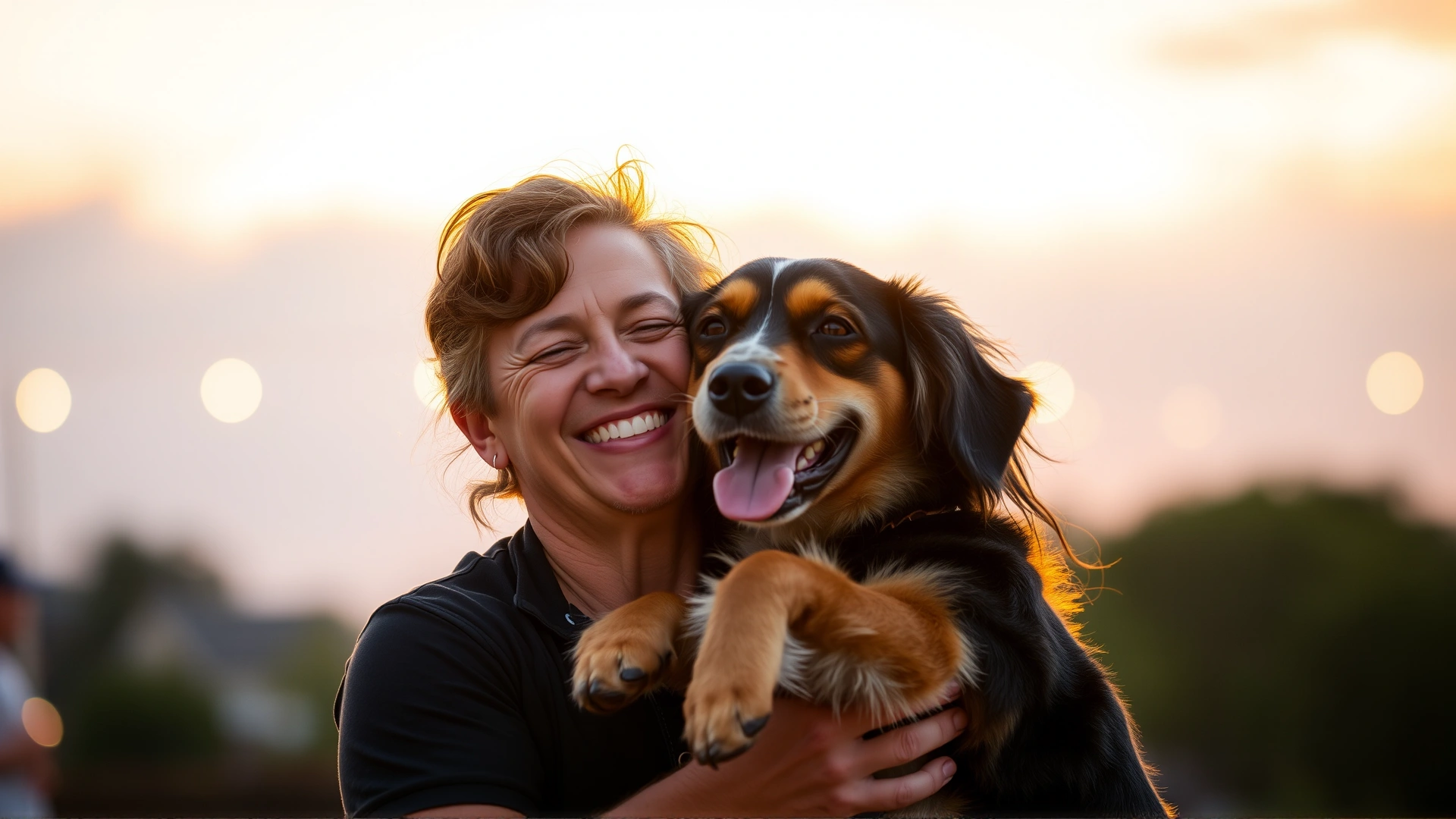 Owner hugging their dog after finishing a dance routine, both smiling, warm sunset lighting in the background