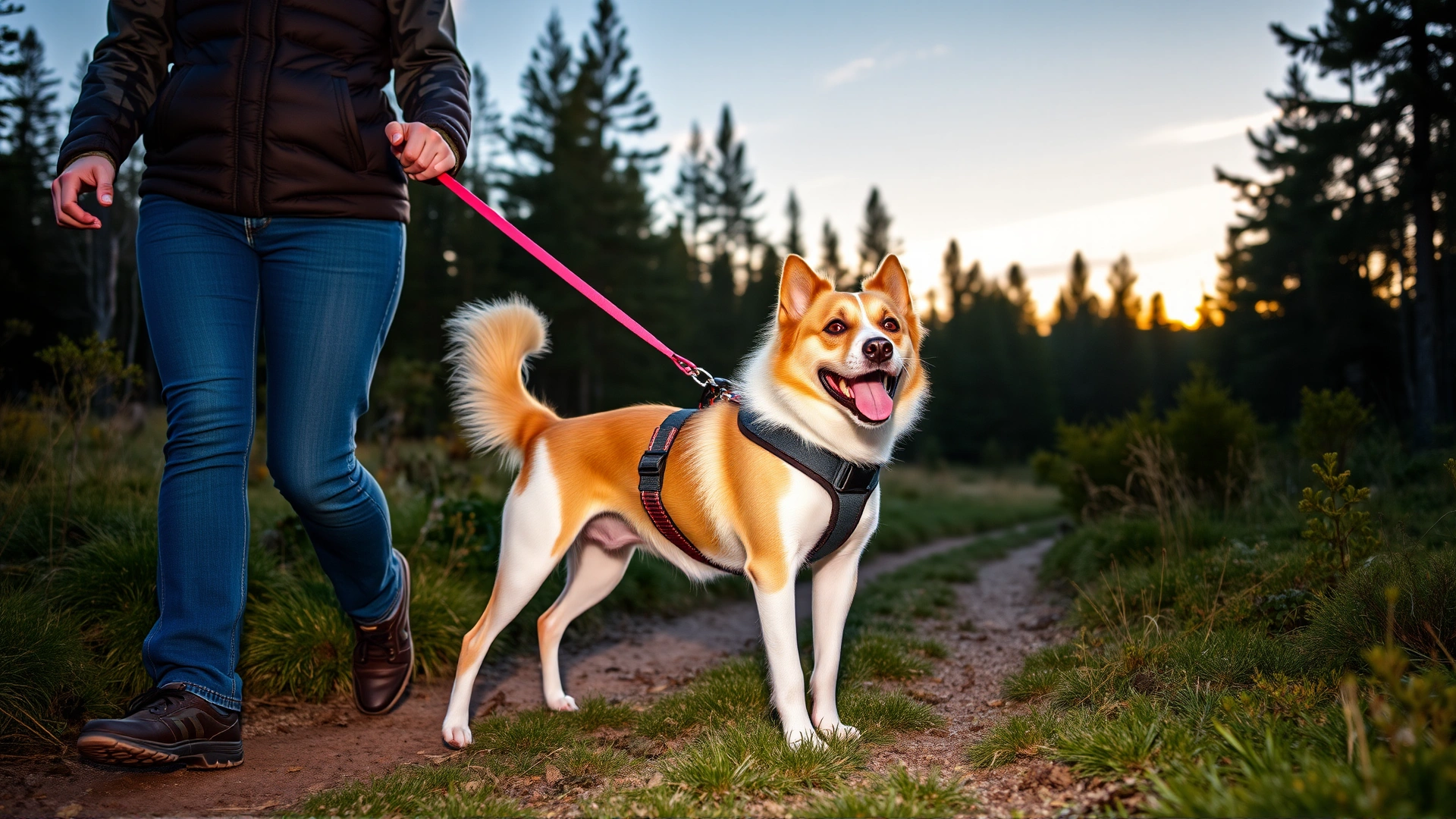Pet parent walking a three-legged dog on a supportive harness along a forest trail at sunset; both appear happy and relaxed.