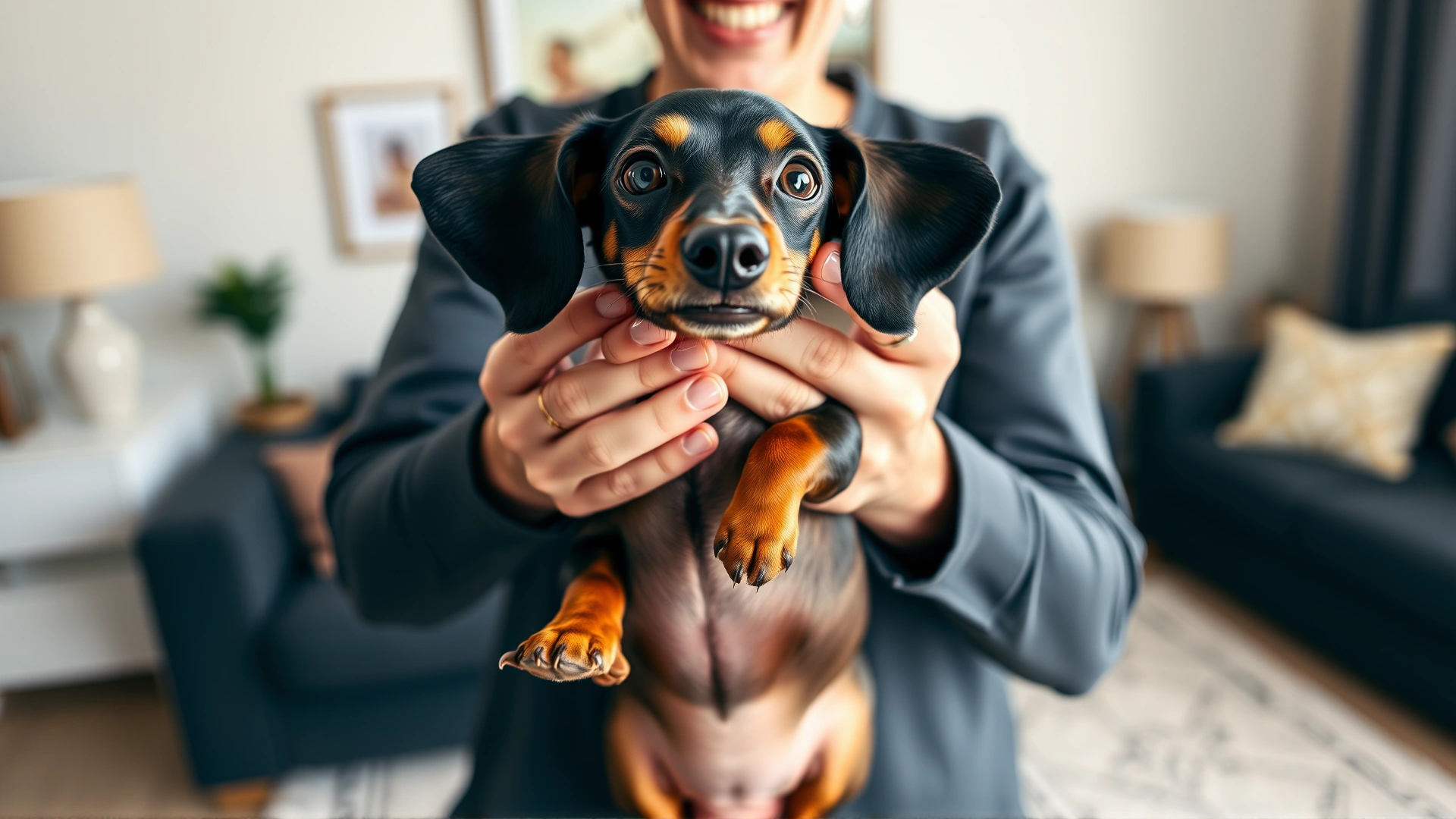 Owner gently lifting a dachshund with both hands supporting chest and rear in a cozy living room, illustrating safe handling to avoid jumping